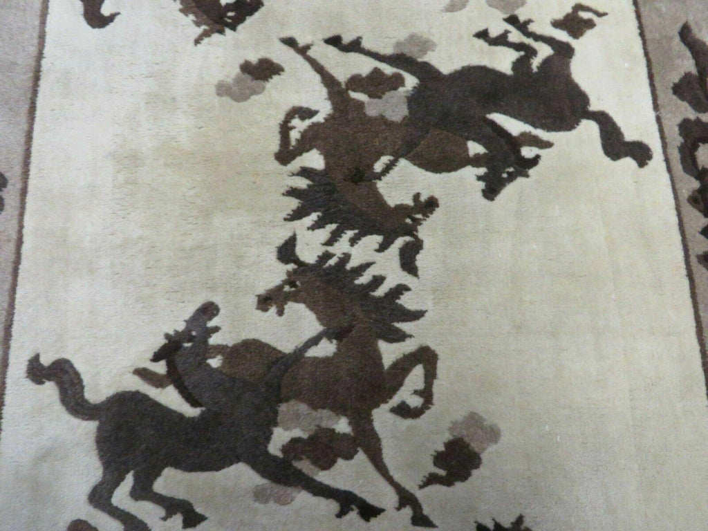 4' X 6' Modern Tibetan Nepal Art Deco Chinese Hand Knotted Wool Rug Horses Nice