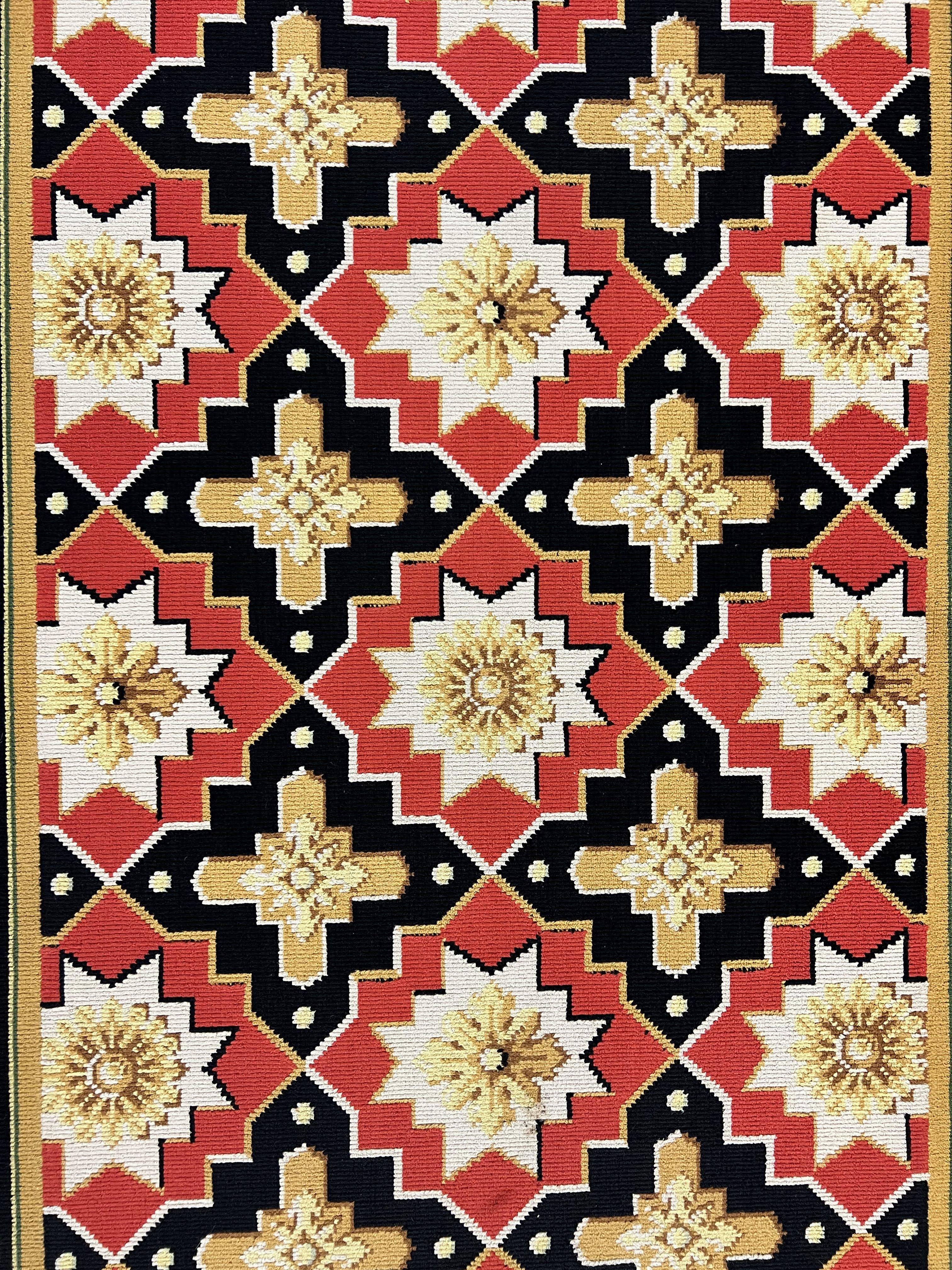 Vintage Runner Rug 3.5 x 14, Long Runner Rug, Stark Custom Made Carpet, European Design, Red Black Ivory Tan, Long Rug for Hallway