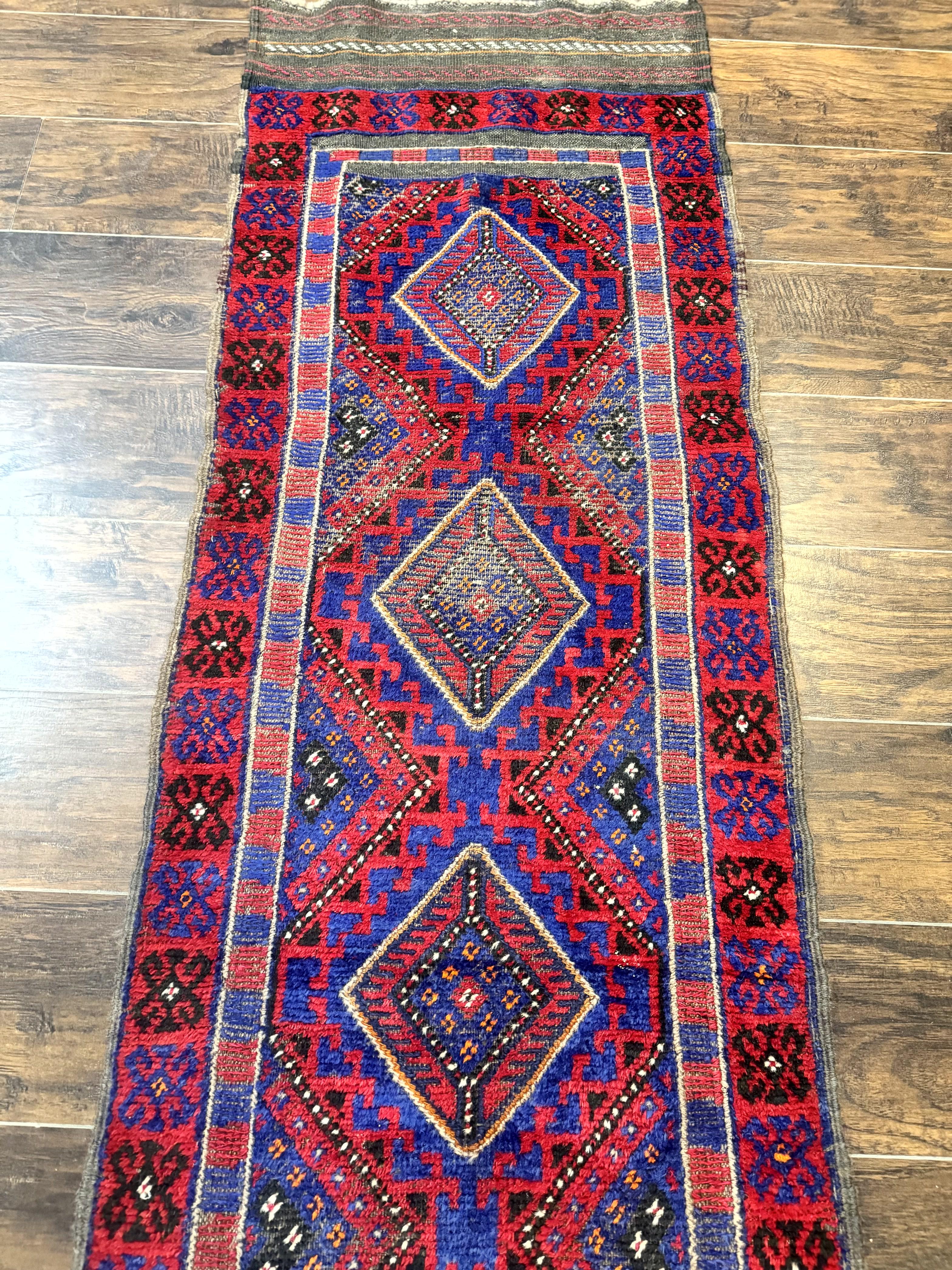 Turkoman Runner Rug 2 x 8.6, Skinny Runner, Handmade Wool Carpet for Hallway, Red and Blue, Wool, Vintage 8ft Runner