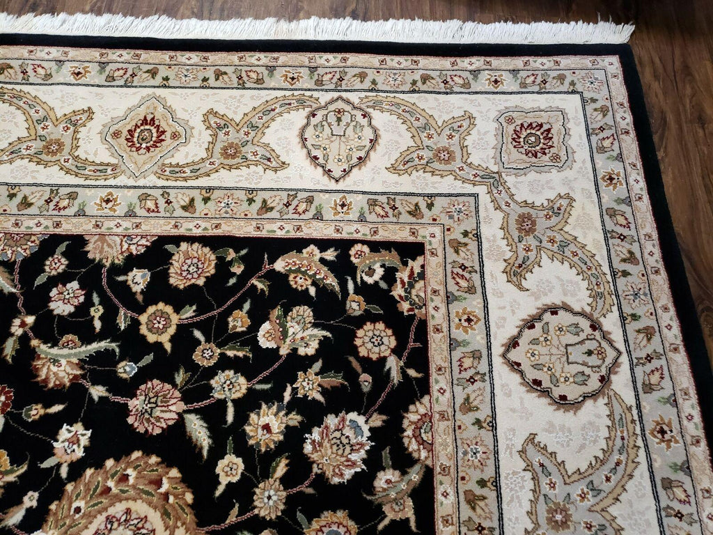 8' 5" X 11' 6" Vintage Handmade Oriental Floral Wool Rug Silk Accent Black Nice