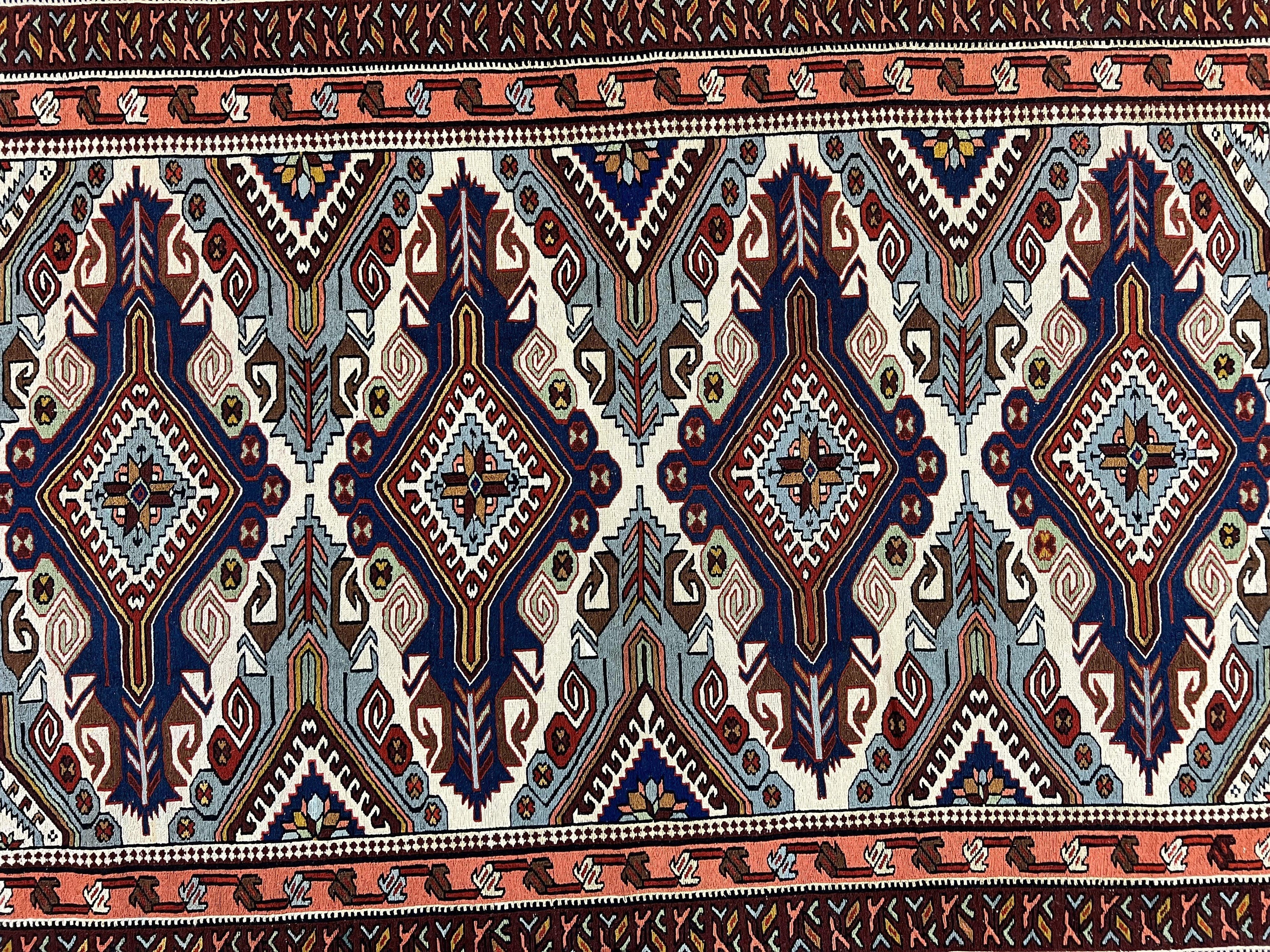 Russian Soumak Rug 6x8, Wool Handmade Antique Kilim Carpet, Multicolor 6 x 8 Geometric Medallions Caucasian Rug, Medium Size