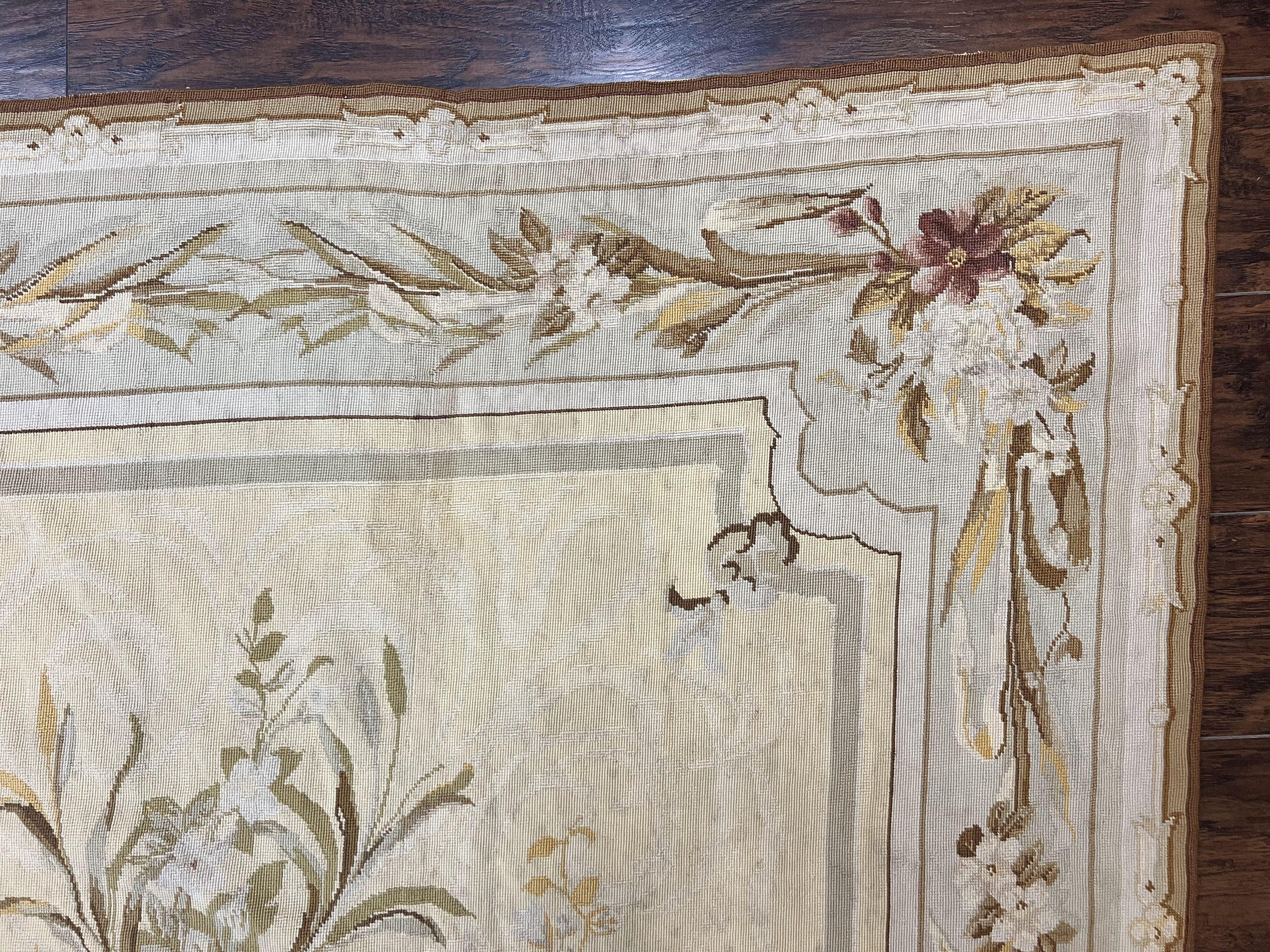 Needlepoint Rug 6x9, Elegant European Design Aubusson Carpet, Vintage Wool Handmade Rug, Light Yellow Ivory