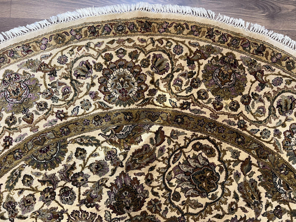 Round Indo Persian Rug 8x8 ft, Large Hand Knotted Vintage Wool Circular Carpet, 8ft Round Oriental Rug, Floral Medallion, Cream and Green