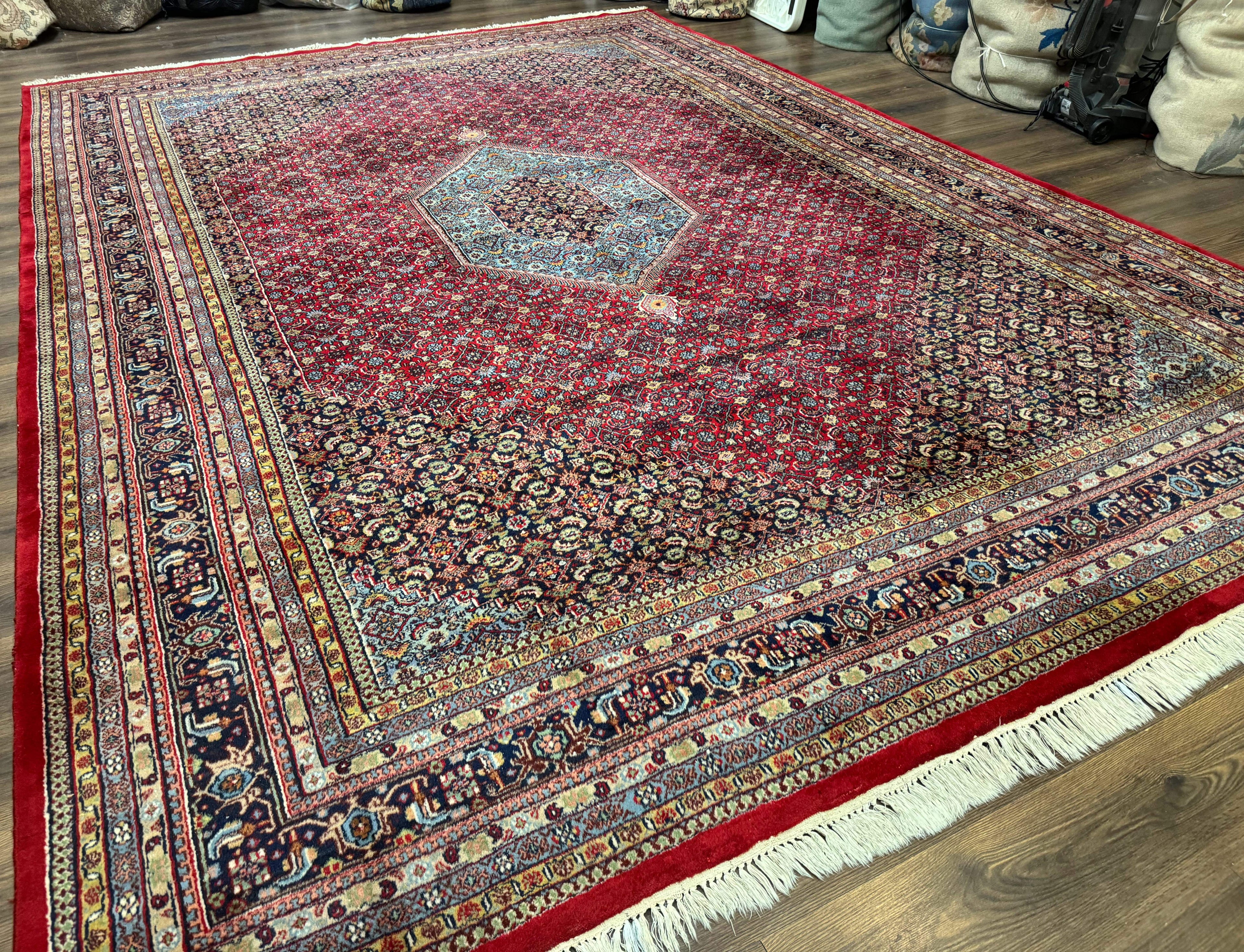 Indo Persian Bidjar Rug 10x14, Red and Dark Blue, Herati Mahi Pattern, Vintage