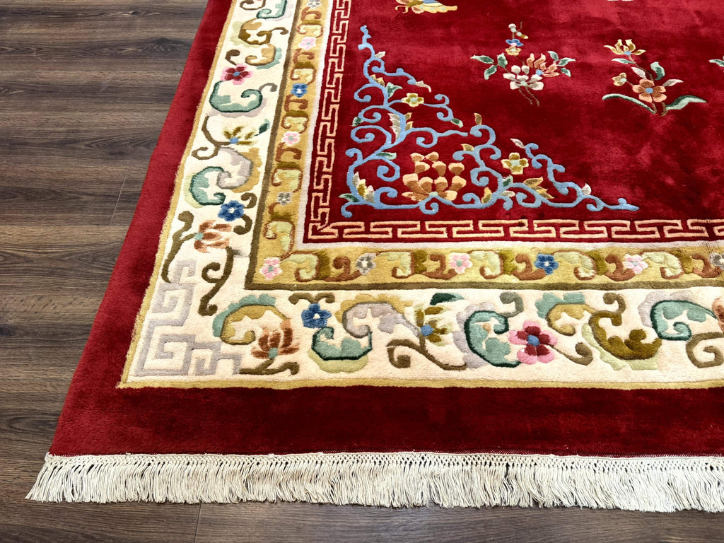 Indo Chinese Wool Rug 9x12, Red Art Deco Carpet, Vintage