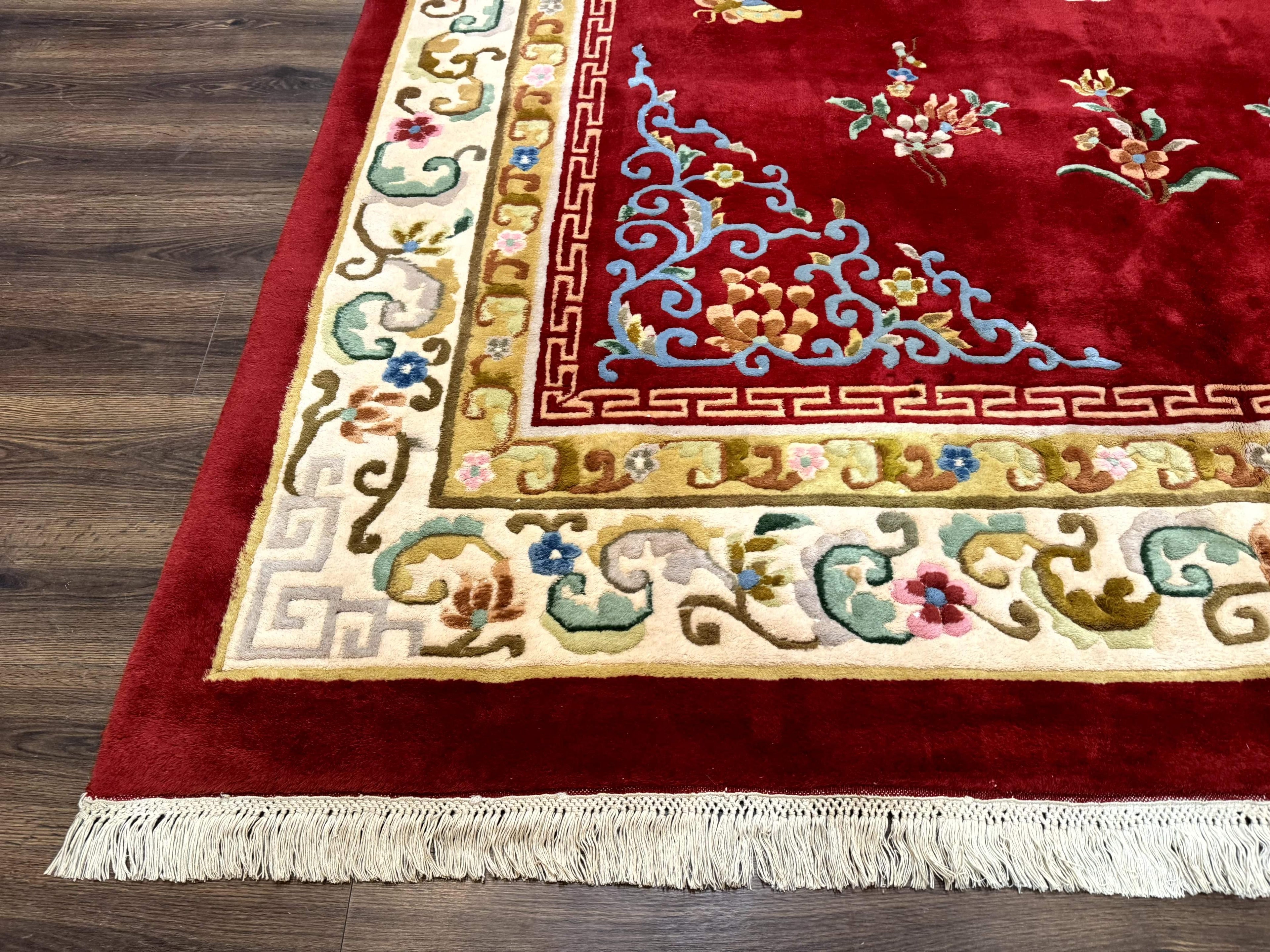 Indo Chinese Wool Rug 9x12, Red Art Deco Carpet, Vintage
