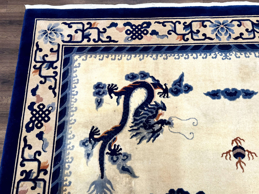 Chinese Dragon Peking Rug 8 x 11.6, Ivory and Blue, Chinese Wool Rug, Vintage