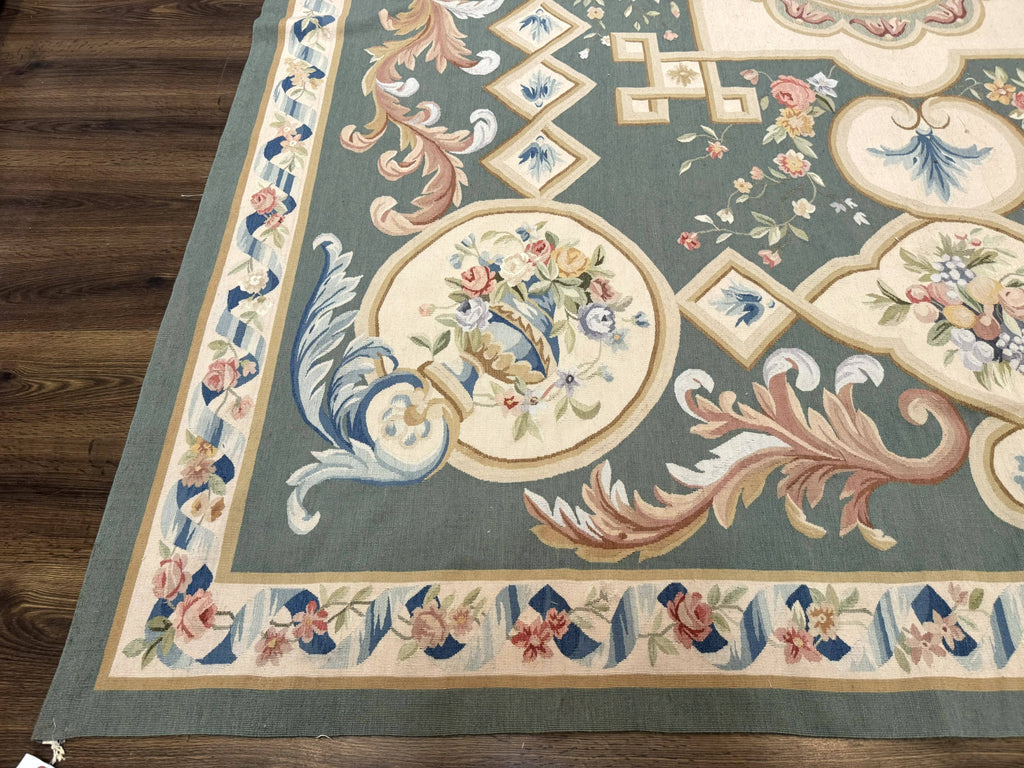 Aubusson Rug 9x12, Muted Sage Green and Cream, European Design