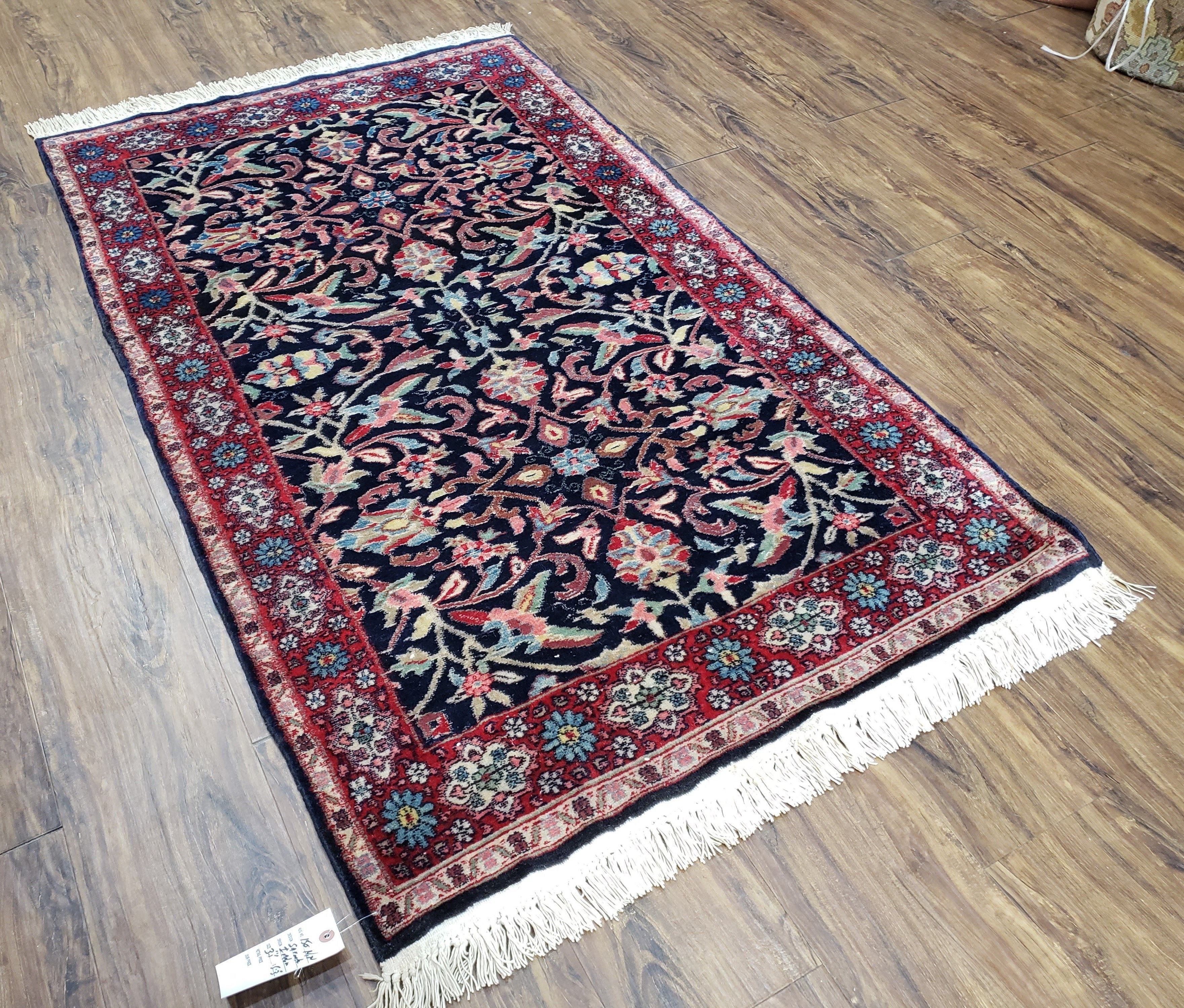 Antique Persian Sarouk Rug 3x5, Navy Blue, Allover Pattern, Hand Knotted