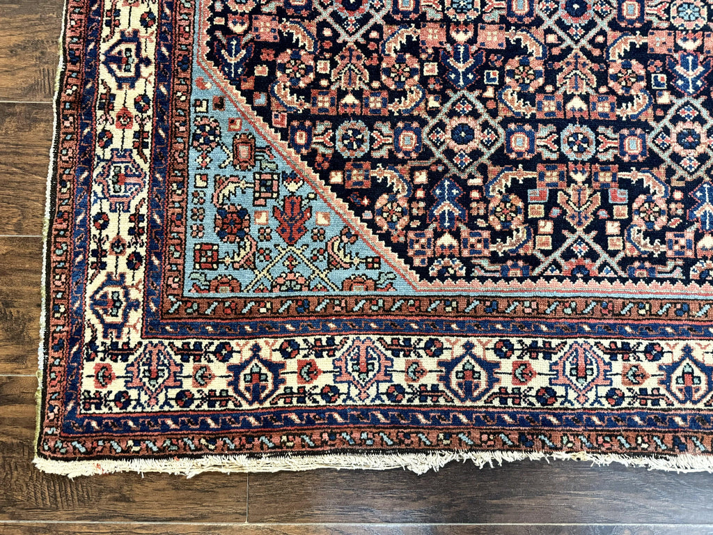 Antique Persian Rug 5 x 6.7, Navy Blue & Ivory, Handmade Persian Wool Carpet, Hamadan Angelas Rug