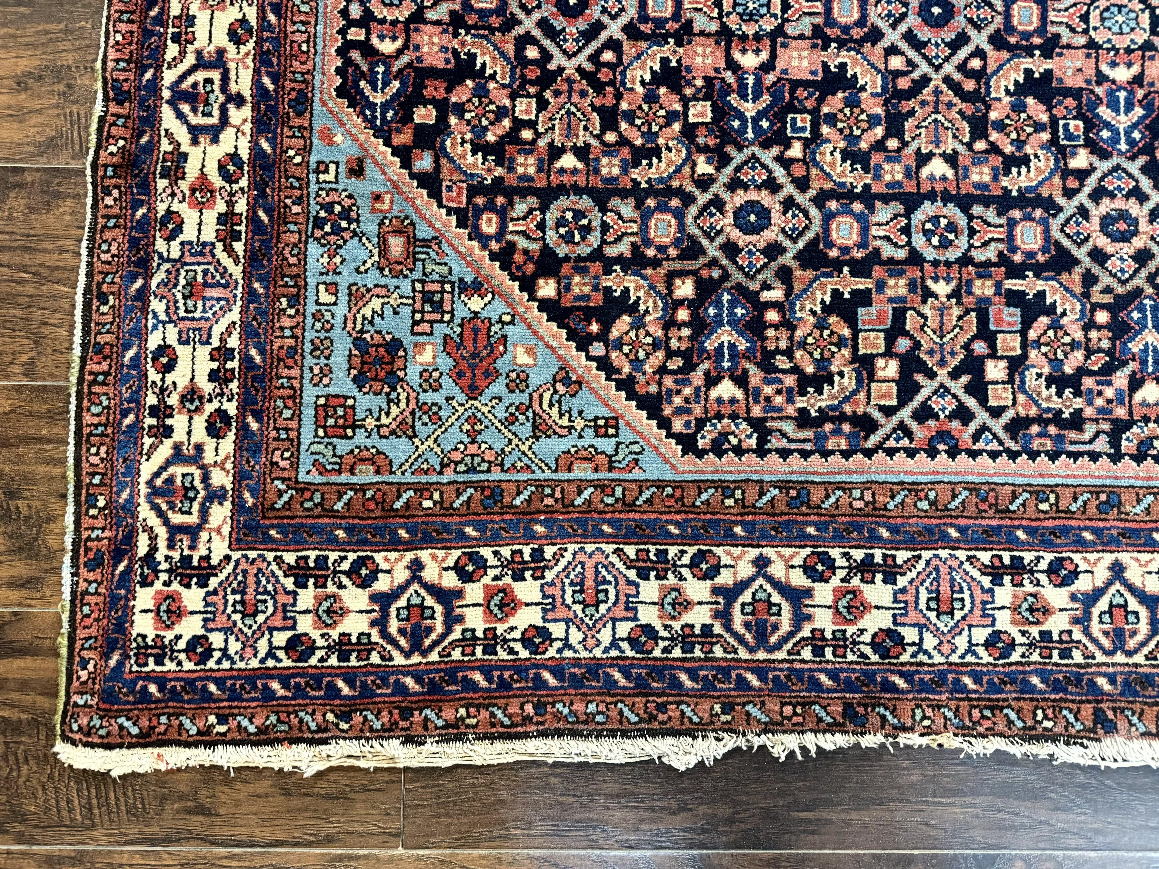 Antique Persian Rug 5 x 6.7, Navy Blue & Ivory, Handmade Persian Wool Carpet, Hamadan Angelas Rug
