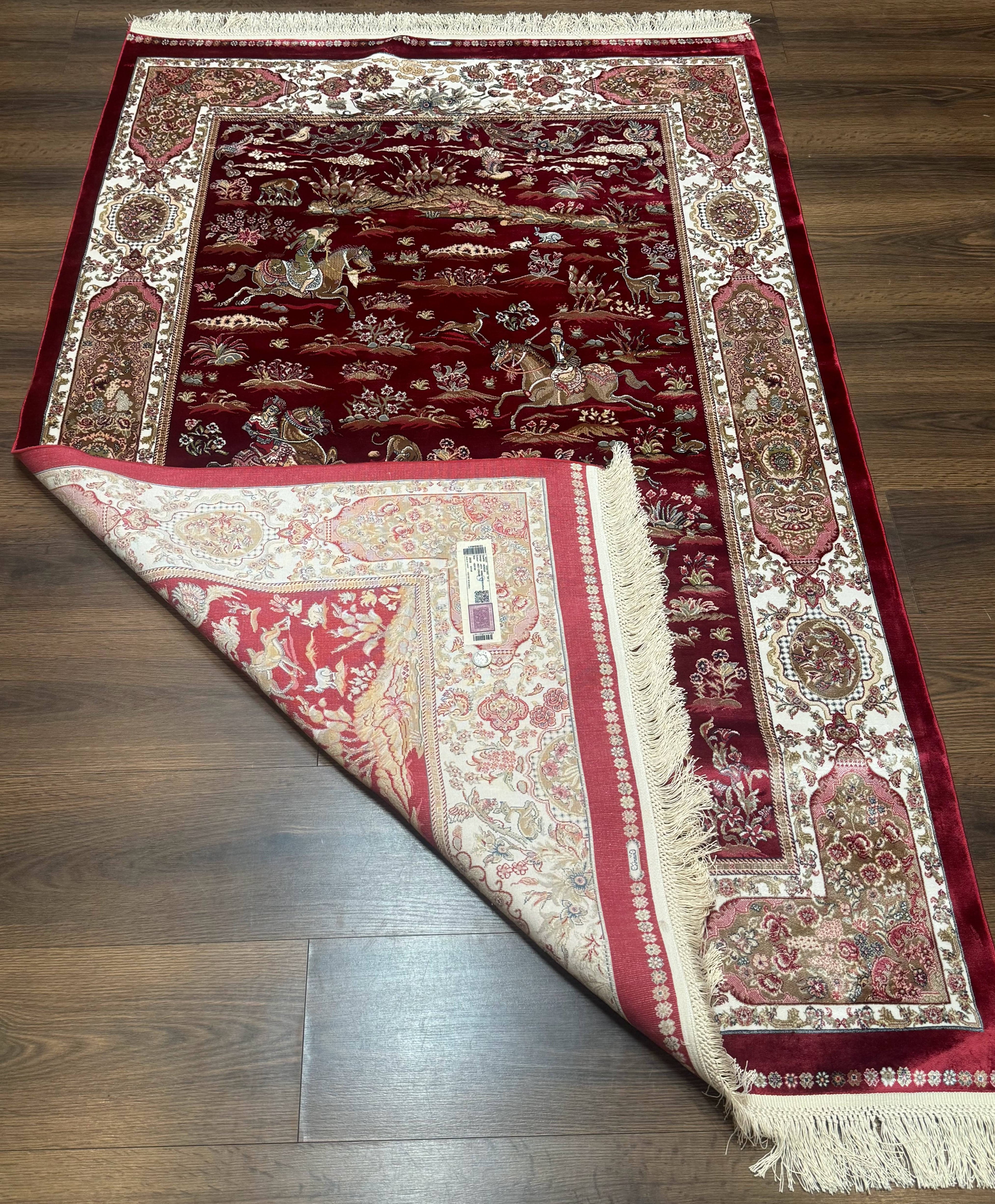 Turkish Silk Hunting Design Rug 4x6, Dark Red & Ivory, Bamboo Silk, New