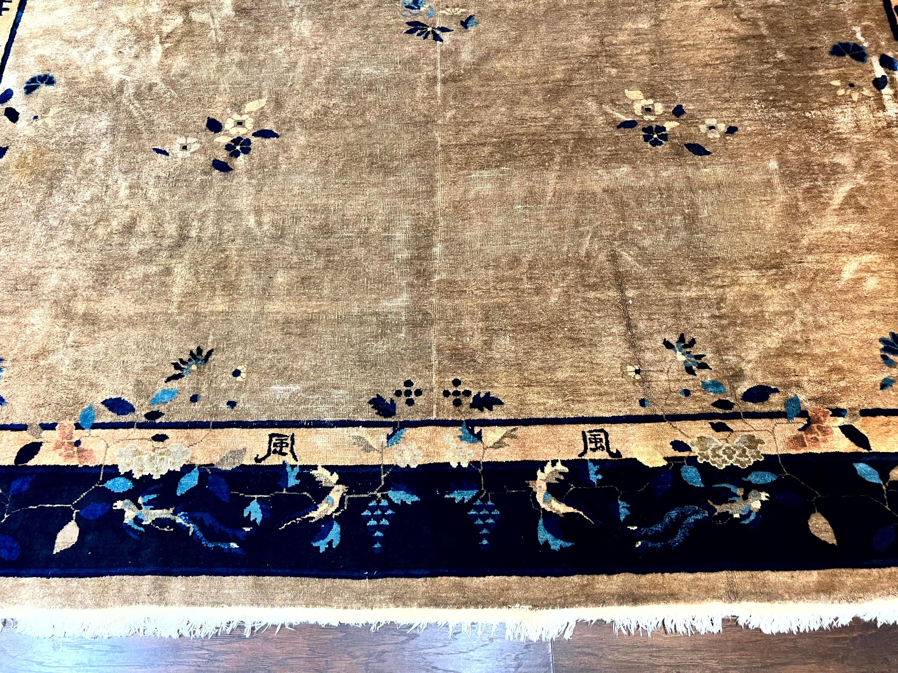 Antique Chinese Wool Rug 10x13, Large 1920s Peking Carpet, Handmade