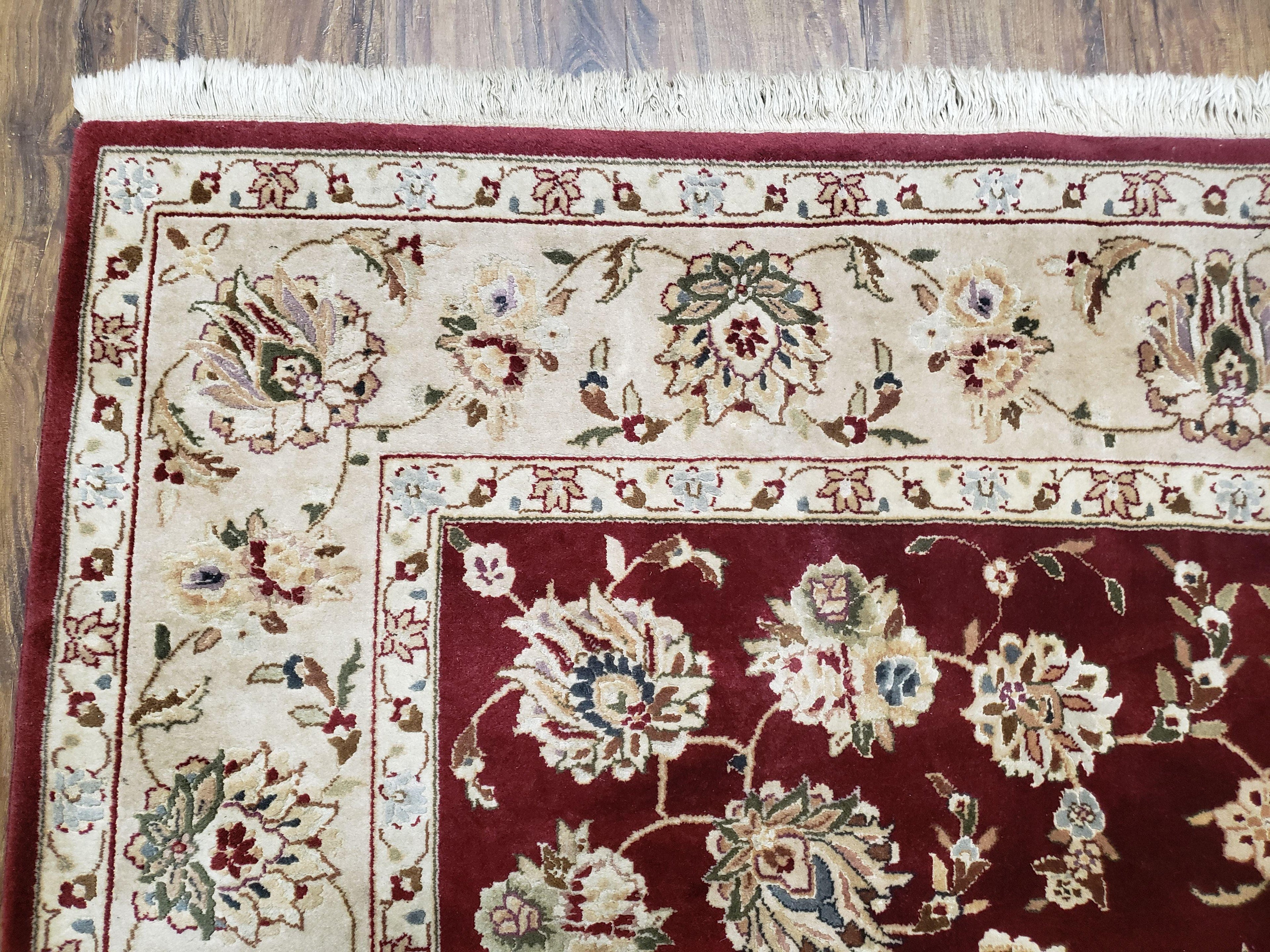 Vintage Traditional Oriental Area Rug, Hand-Knotted, Wool & Silk Accents, Maroon Red and Beige, 6x9 Carpet, 5' 9" x 9'