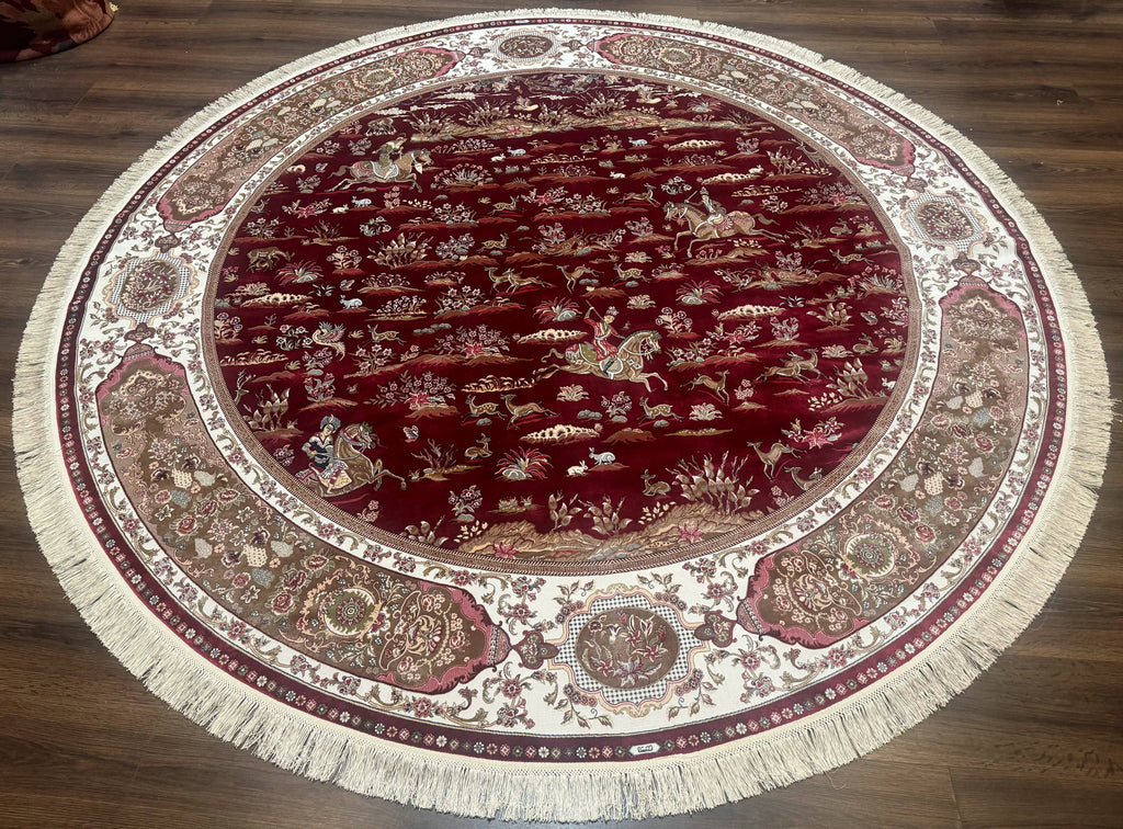 Large Round Turkish Silk Rug 8x8, Hunting Design, Dark Red & Ivory, Bamboo Silk