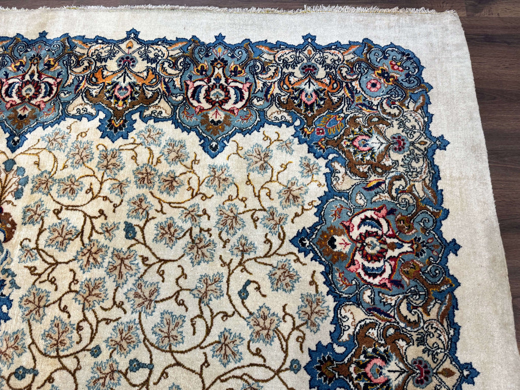 Persian Kashan Rug 9 x 12.6, Ivory and Blue, Floral Medallion, Wool Hand Knotted Semi Antique Carpet