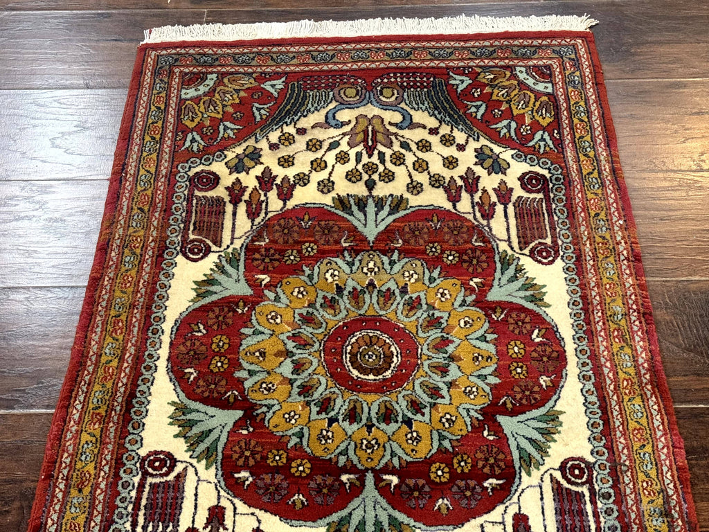 Persian Bijar Rug 2.6 x 4, Antique Carpet, Brick Red and Ivory