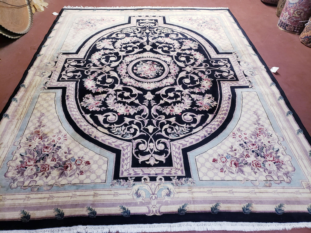 8x10 Aubusson Rug, Fine Hand Knotted Wool Carpet, French European Design, Black & Ivory