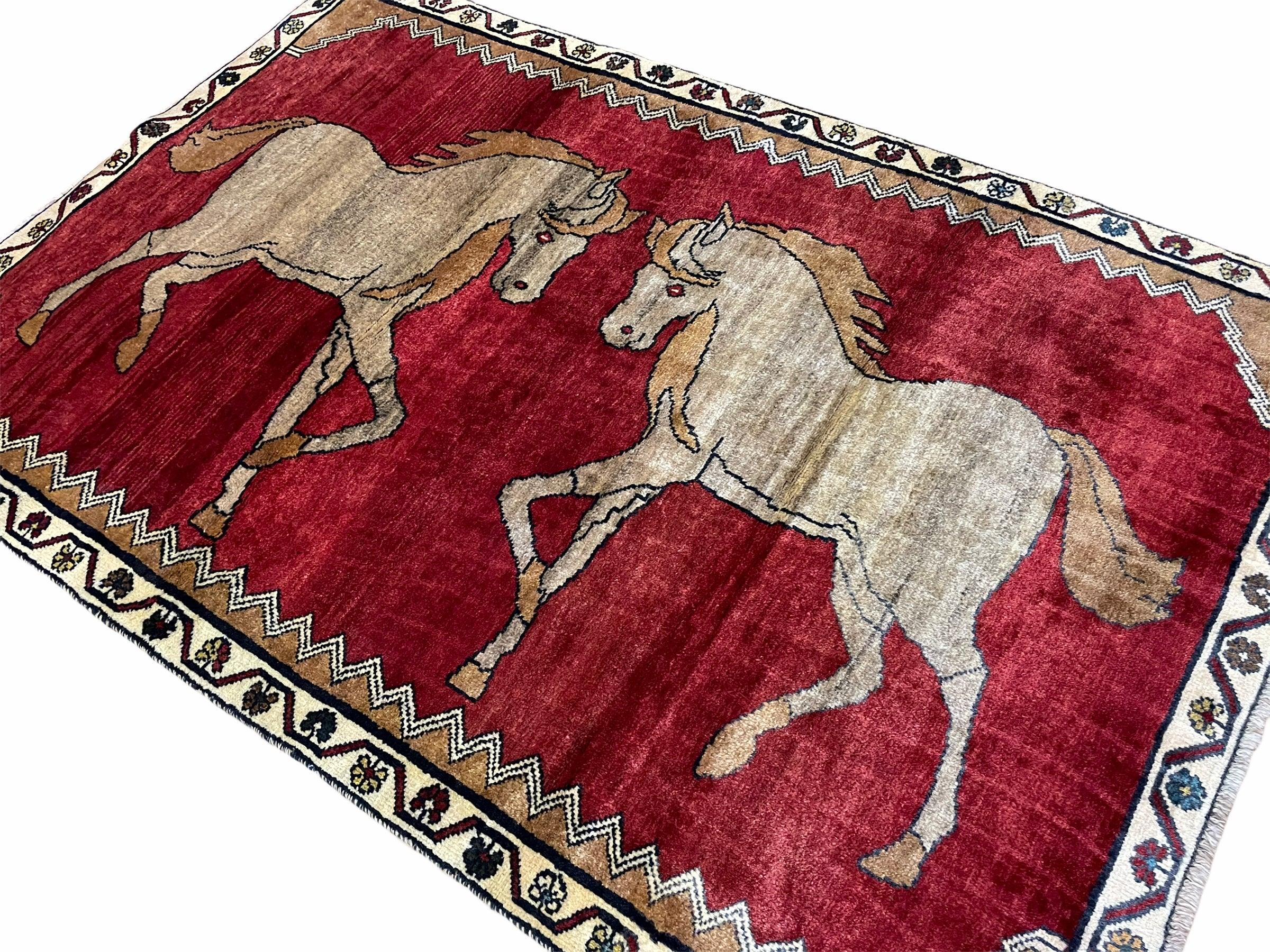 4 X 6 Handmade Hand-Knotted New Vintage Rug Wool Horses Red Organic Dyes Tribal