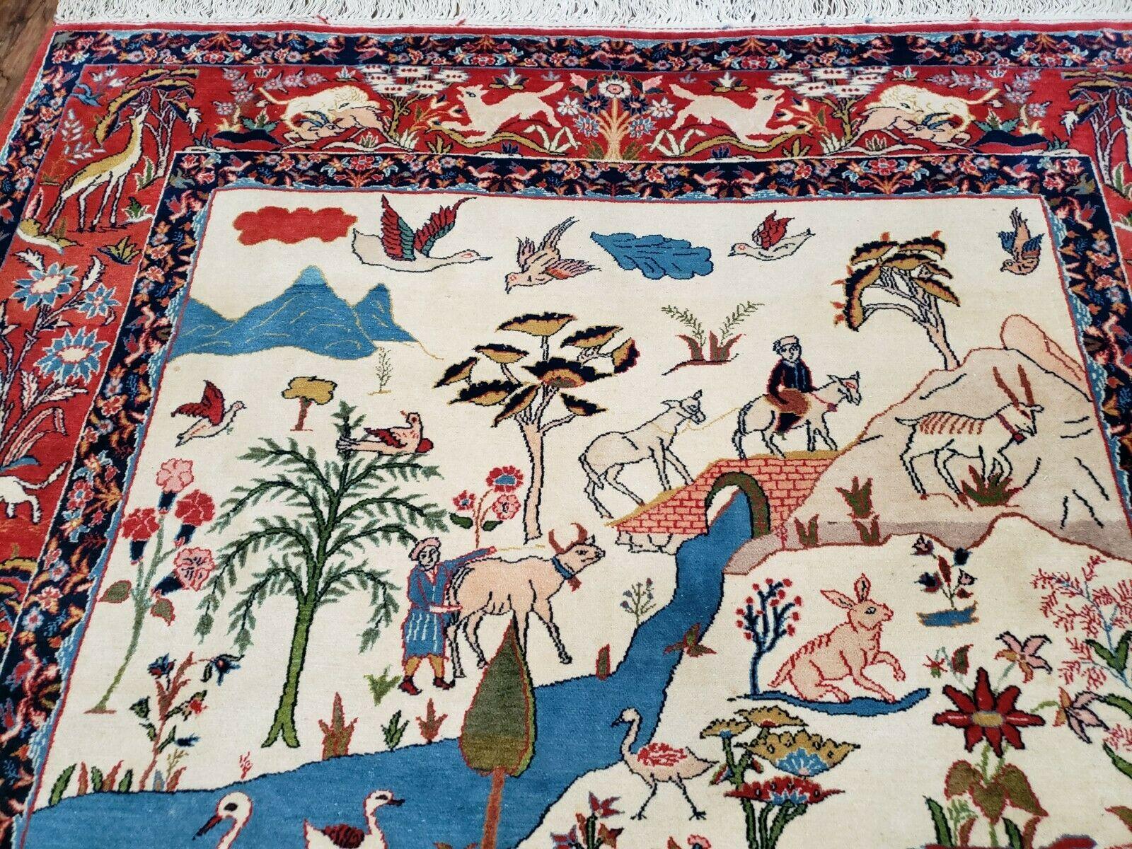 Antique Persian Isfahan Rug 5x7, Animal and Human Pictorials, Hand Knotted Fine Oriental Wool Carpet, Cream and Red, High KPSI, Vintage Rug 5 x 7 ft