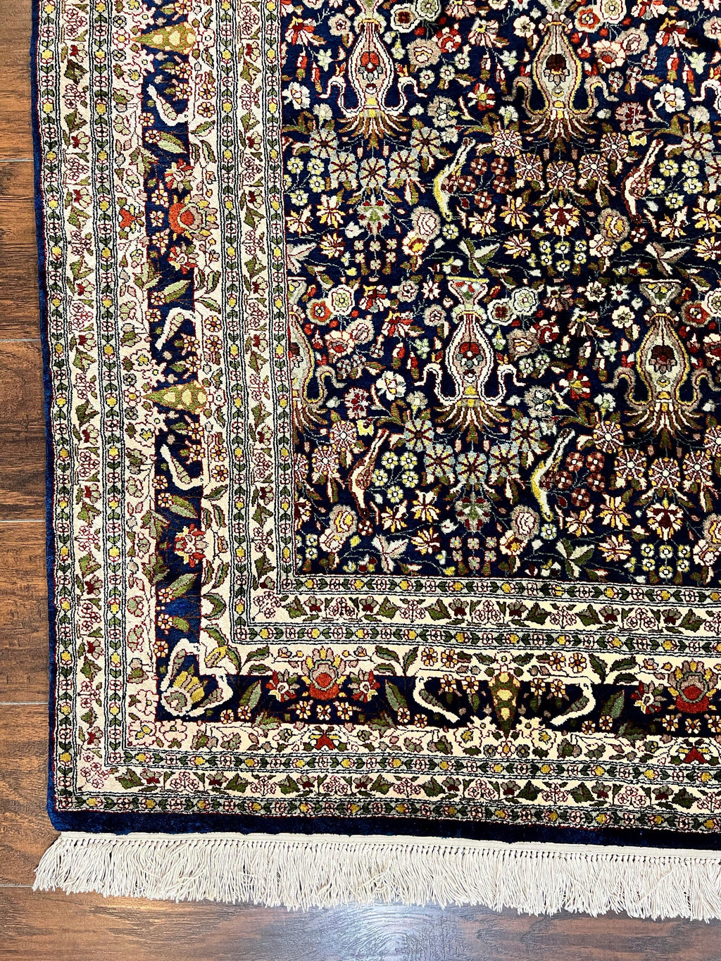 Silk Indian Kashmiri Rug 5x7, Navy Blue Indo Persian Silk Carpet 5 x 7 ft, Hand Knotted Handmade Very Fine Oriental Carpet, 450 KPSI, Birds