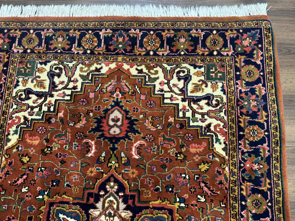 Indo Persian Heriz Rug 4x6, Rust Red Navy Blue and Cream