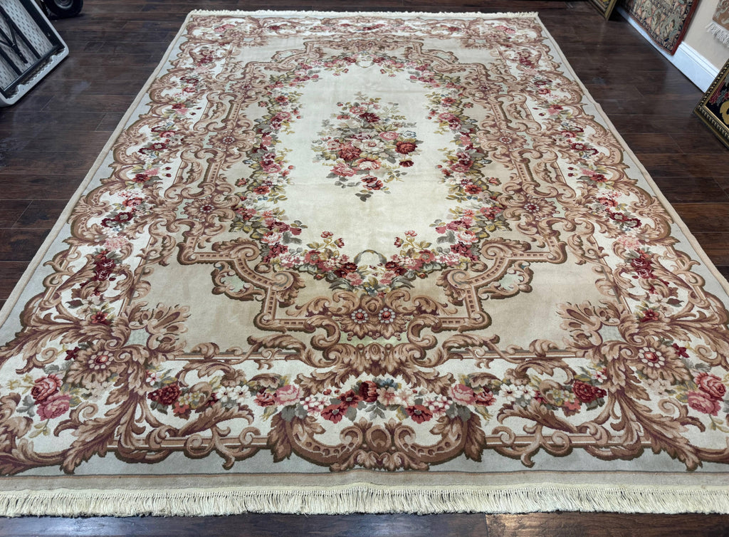 Aubusson Rug 8x12, European French Savonnerie Design, Thick Wool Pile, Elegant Rug, Cream Beige Light Green