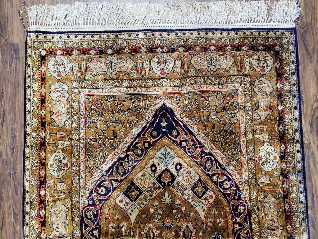 Semi Antique Persian Qum Silk Prayer Rug, Silk, Hand-Knotted, 3'6" x 5'