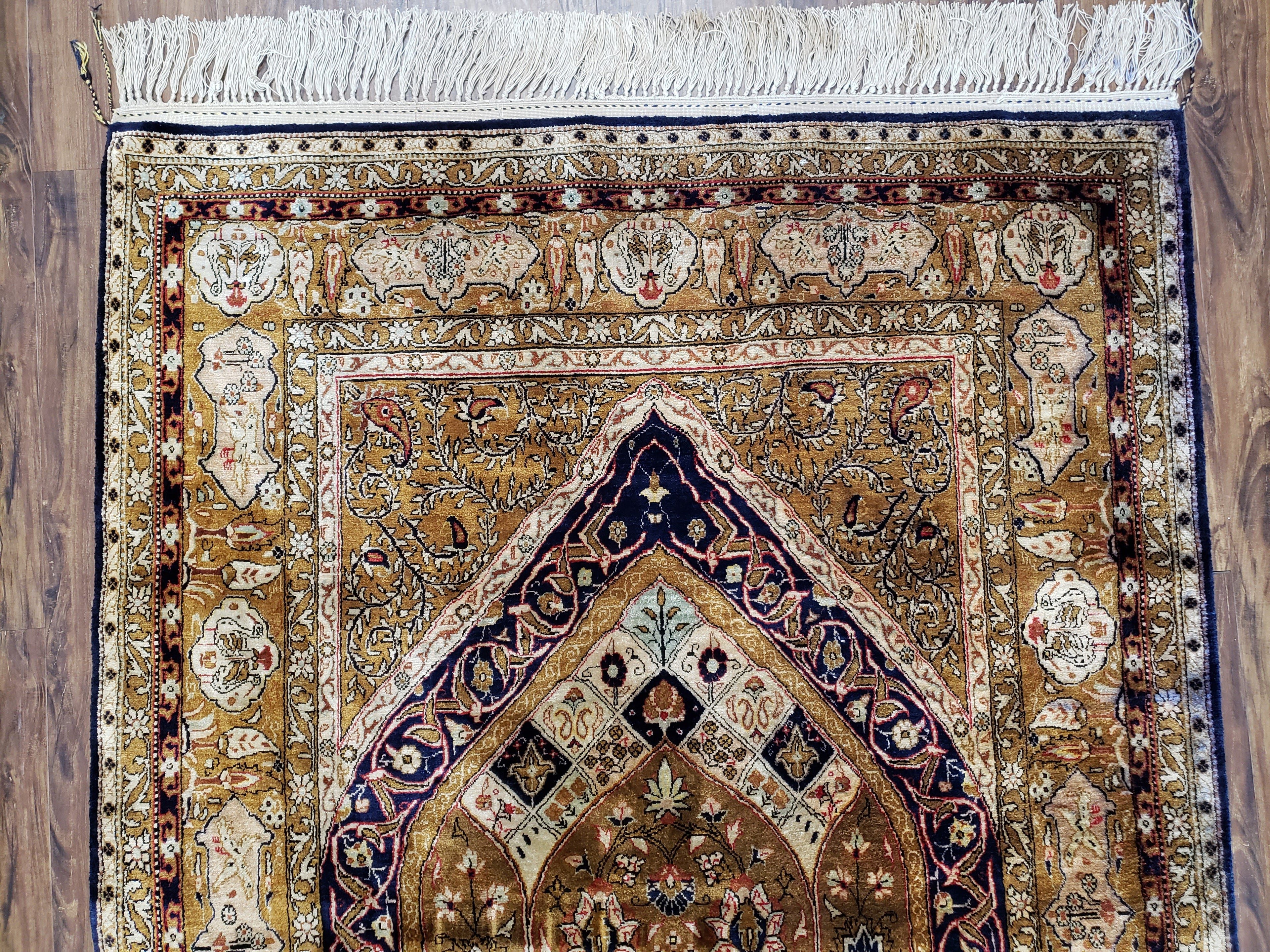 Semi Antique Persian Qum Silk Prayer Rug, Silk, Hand-Knotted, 3'6" x 5'