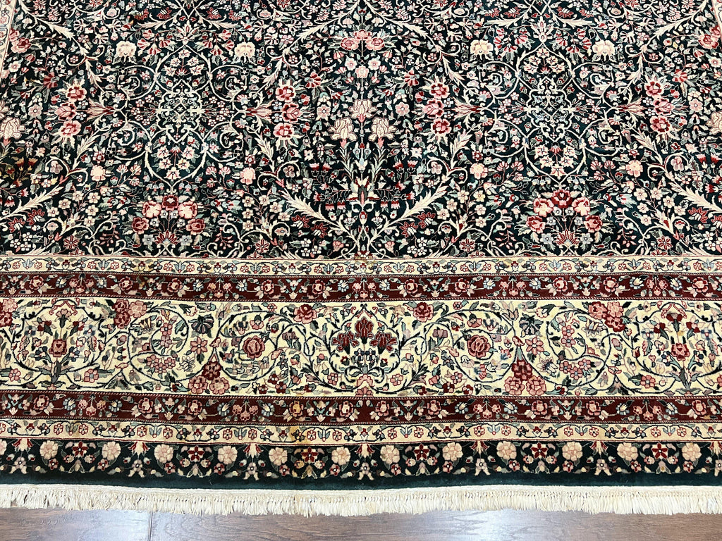 Large Sino Persian Rug 10x14, Wool Hand Knotted Vintage Carpet, Dark Green & Beige, Kirman Floral Rug, Fine Weave, Traditional, Large