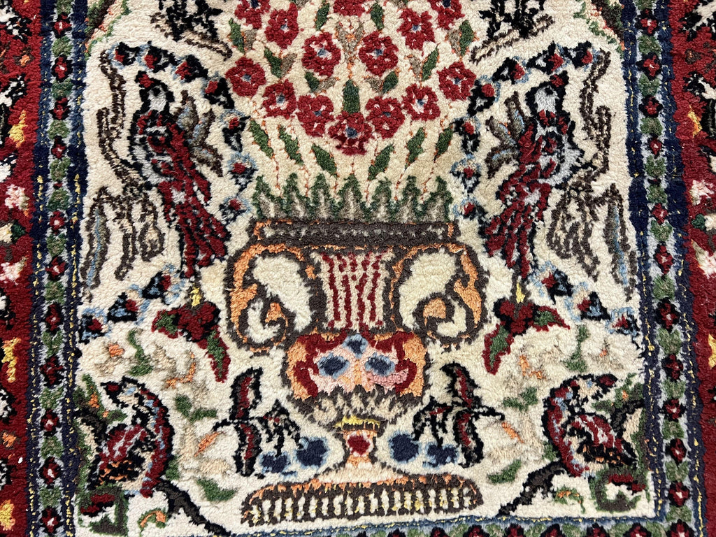 Small Indo Persian Rug 2x3 ft, Wool with Silk Highlights, Animal Pictorials, Birds
