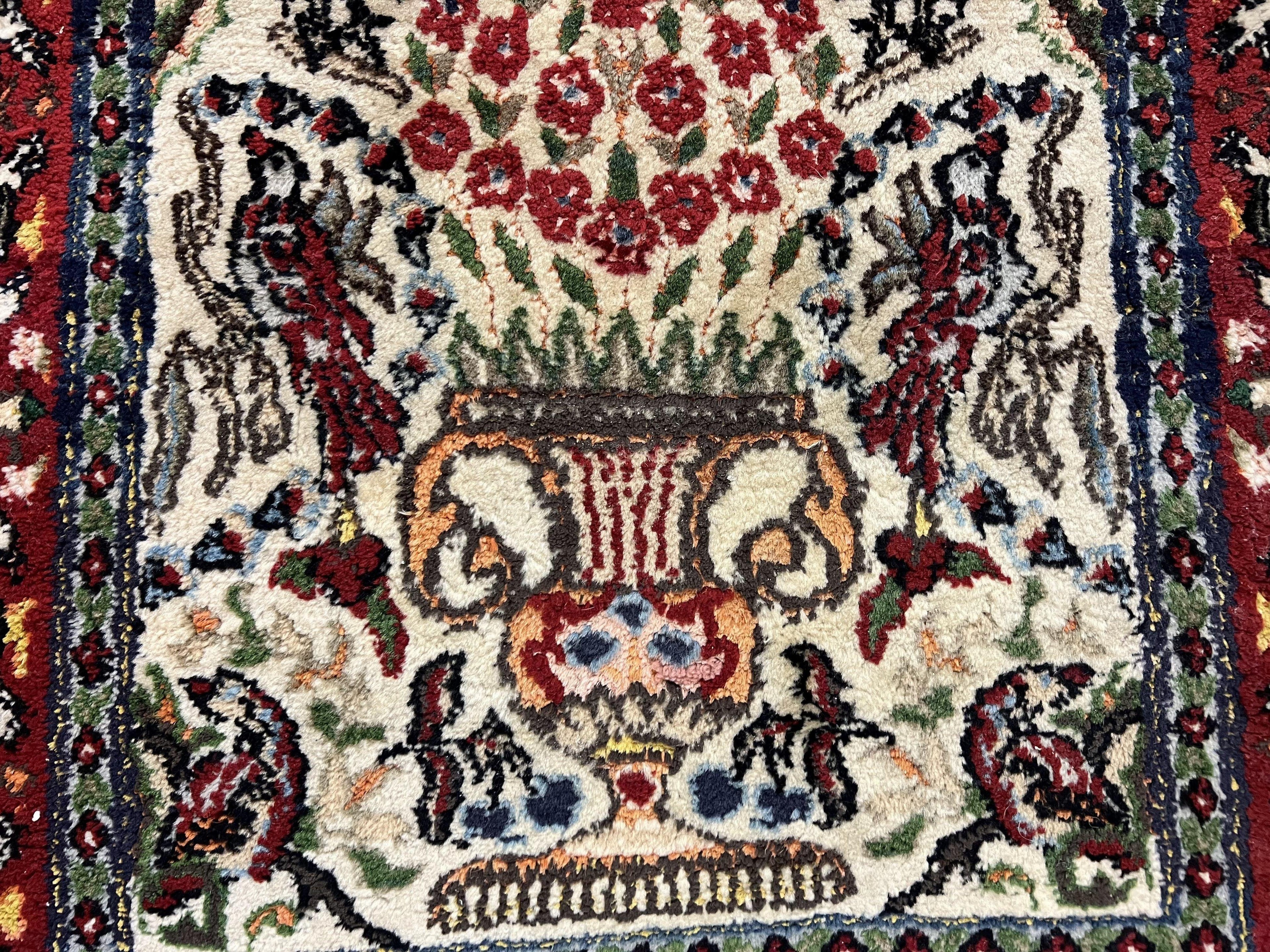 Small Indo Persian Rug 2x3 ft, Wool with Silk Highlights, Animal Pictorials, Birds