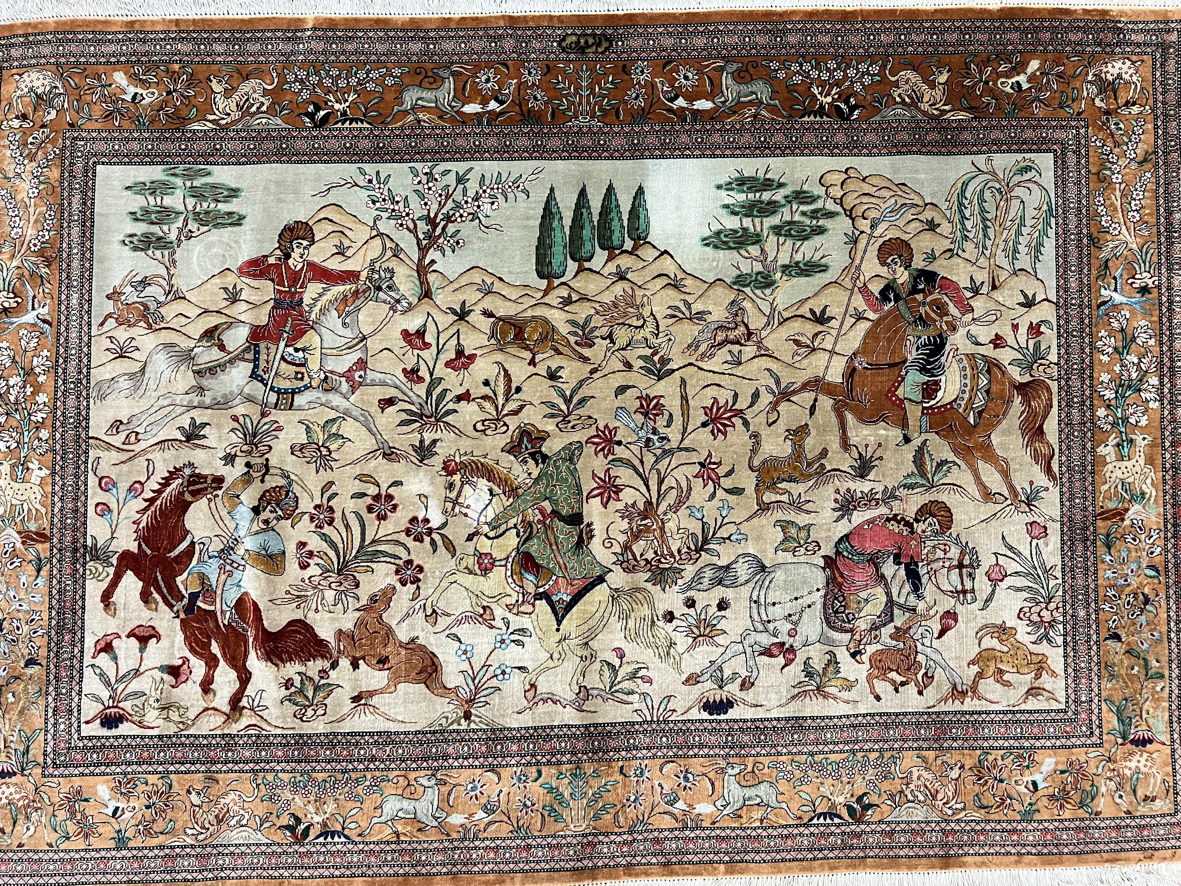 Silk Persian Qum Rug 3x5, Hunting Pattern, Handmade Vintage Carpet, Signed by Master Weaver, Horsemen Pictorials, Super Fine 650 KPSI