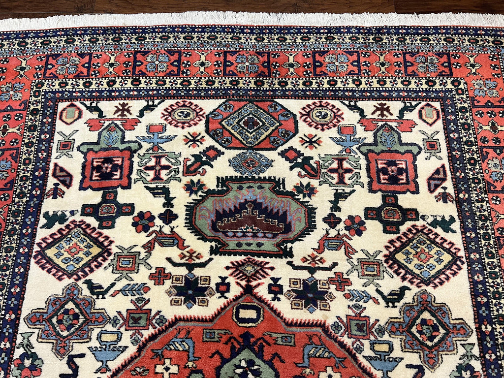 Persian Tribal Rug 8x11, Persian Ardabil Rug, Geometric Medallion Animal Pictorial Rug, Ivory Red Blue, Hand Knotted Vintage Wool Carpet