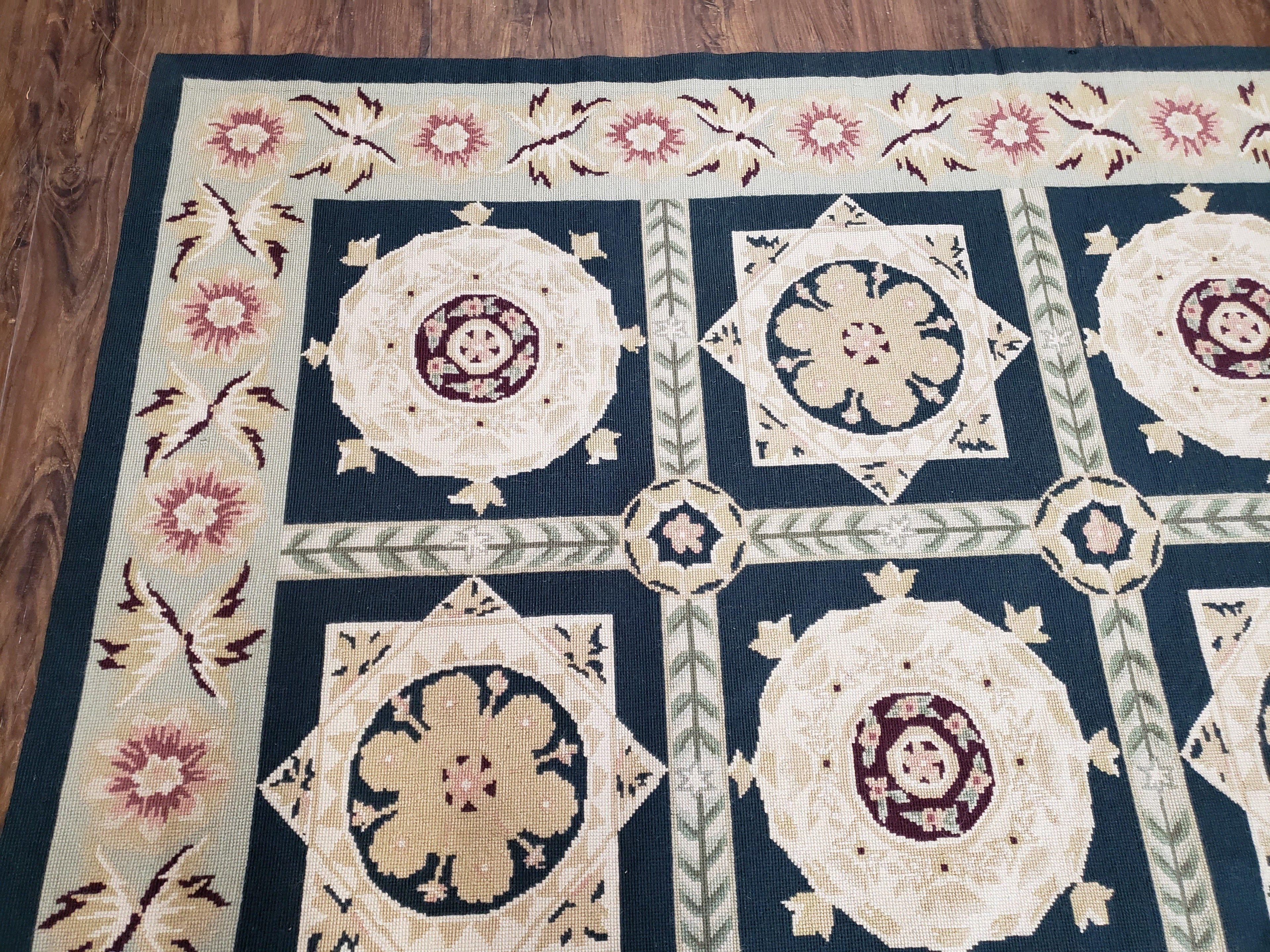 Vintage Chinese Needlepoint Rug 6x9, Panel Design Area Rug Wool Hand-Woven Black & Ivory Carpet Flat Weave Bedroom Rug 6 x 9 Living Room Rug