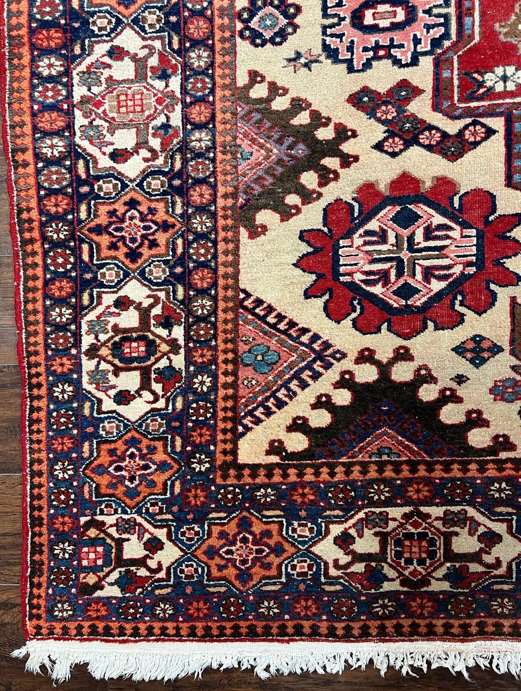 Antique Persian Heriz Rug 8x12 ft, Geometric Tribal Room Sized Carpet, Camel Hair Red Navy Blue, Wool Hand Knotted Medallion Oriental Carpet