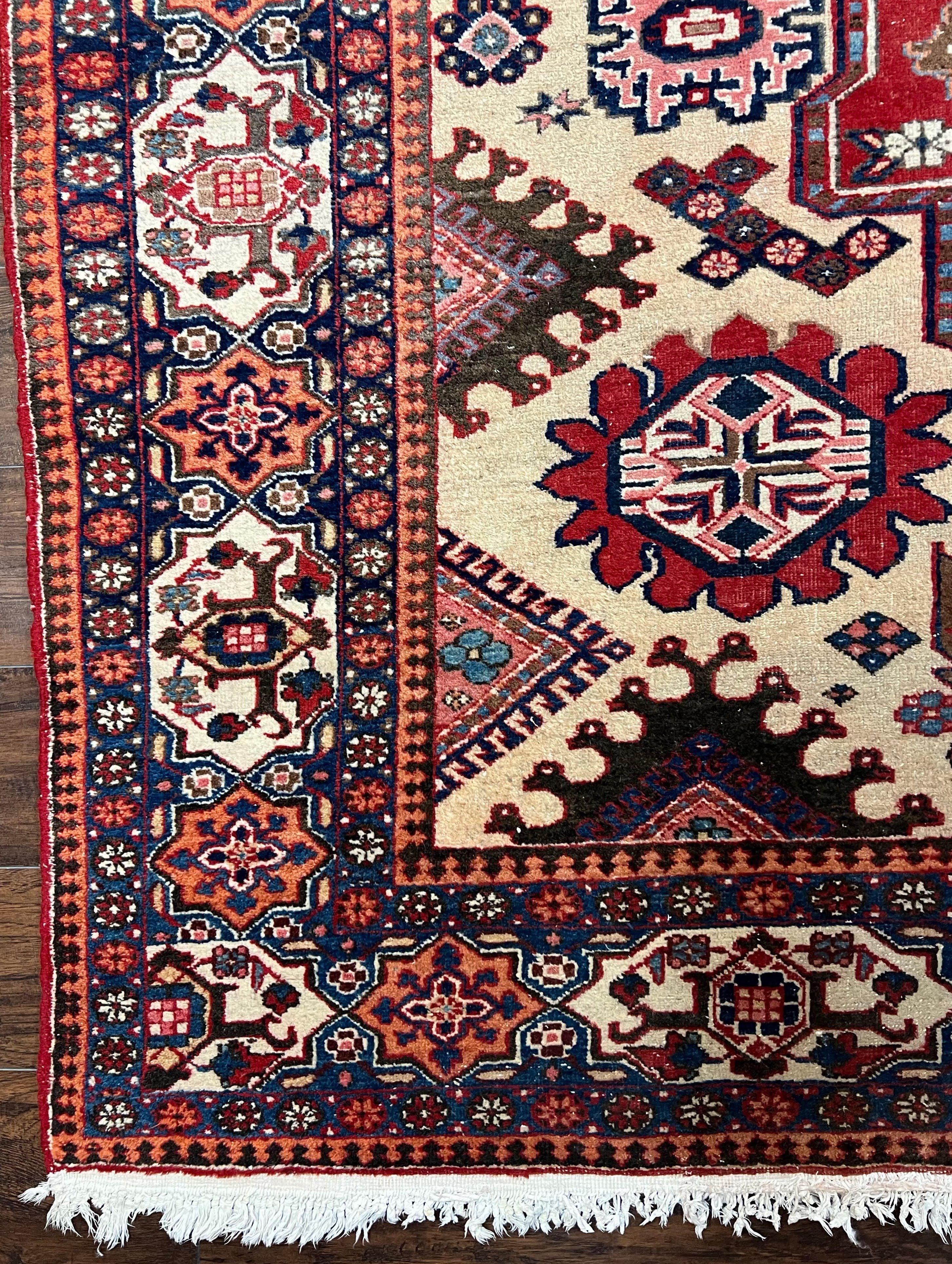 Antique Persian Heriz Rug 8x12 ft, Geometric Tribal Room Sized Carpet, Camel Hair Red Navy Blue, Wool Hand Knotted Medallion Oriental Carpet