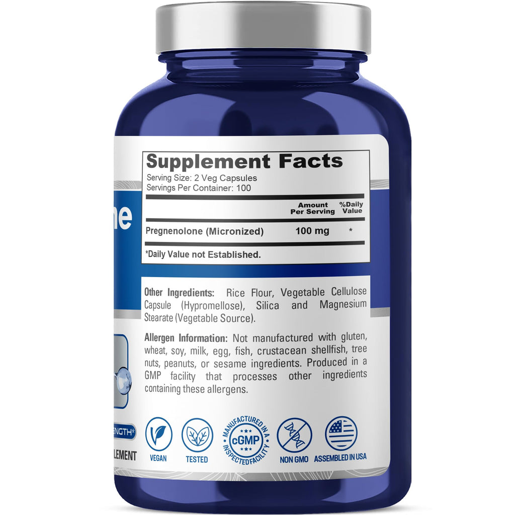 NusaPure Pregnenolone (Micronized) 100 mg Per Serving 200 Veg Caps Dietary Supplement Vegan, Non-GMO