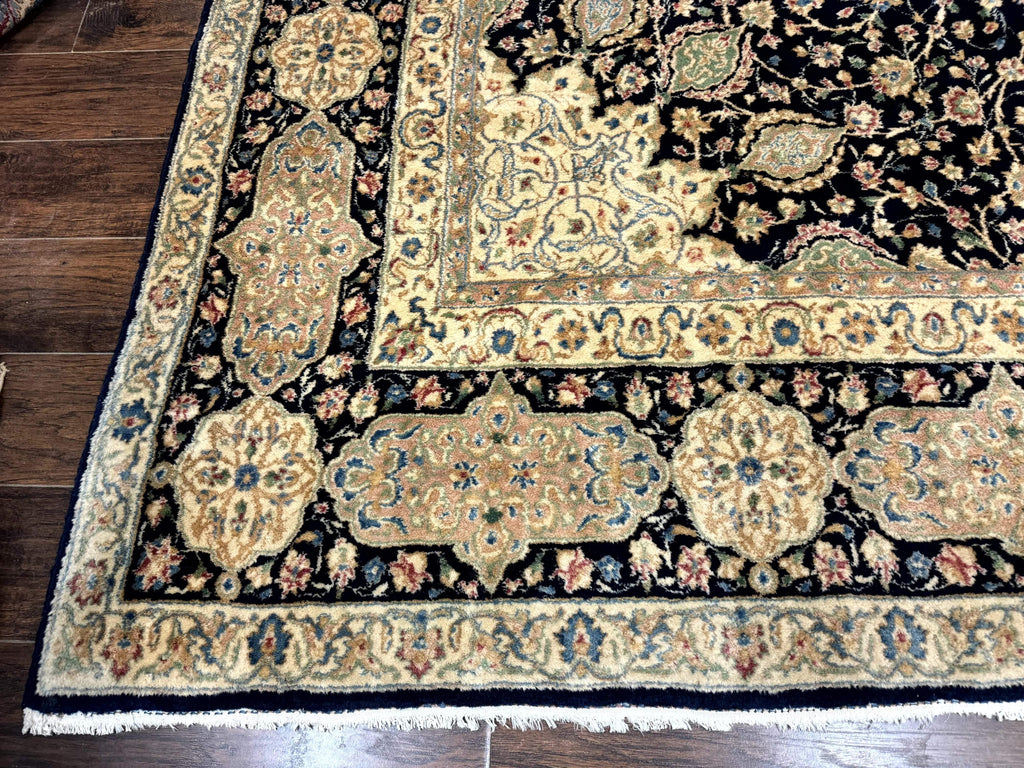 Large Persian Kerman Rug 10x14, Navy Blue and Beige, Floral Medallion, Traditional Elegant Persian Carpet, Signed by Masterweaver