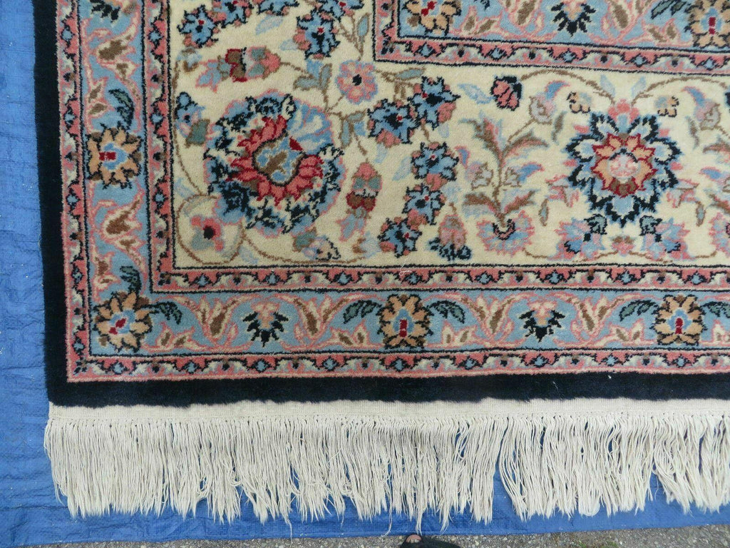 Large Indo Persian Rug 10x14, Wool Hand-Knotted Carpet, Navy Blue Ivory