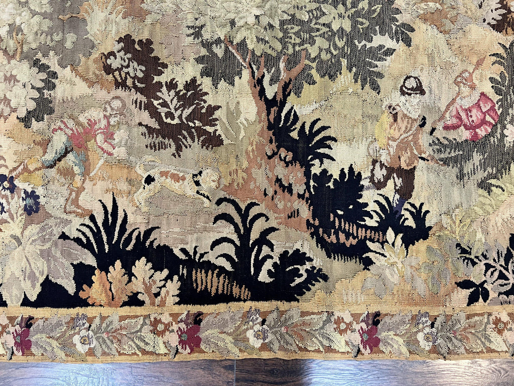 Antique French Tapestry 6x5 ft, European Handmade Wool Aubusson Weave Vintage Tapestry