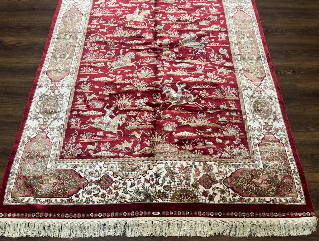 Turkish Silk Hunting Scene Rug 5 x 7.6, Red & Ivory, Bamboo Silk, New