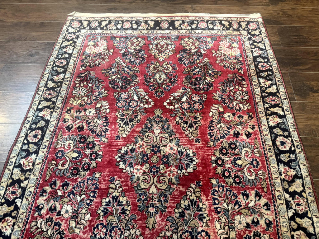 Antique Persian Sarouk Rug 4x7, Floral, Red 1920s Persian Wool Carpet