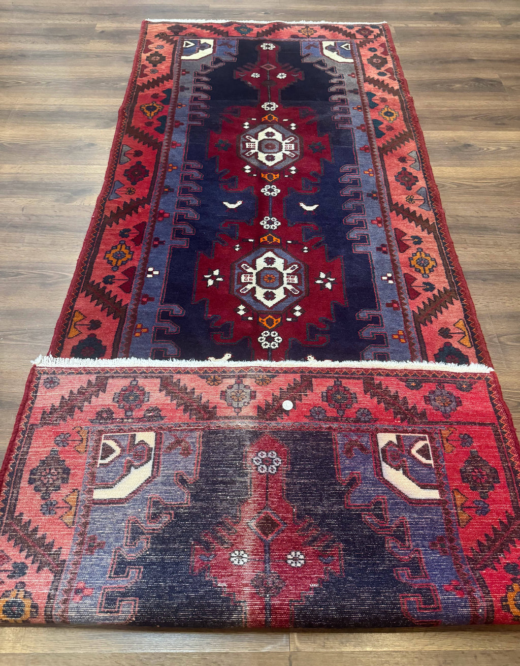 Persian Karajeh Runner Rug 3.6 x 9.5, Geometric Medallions, Tribal Village Rug, Navy Blue, Handmade