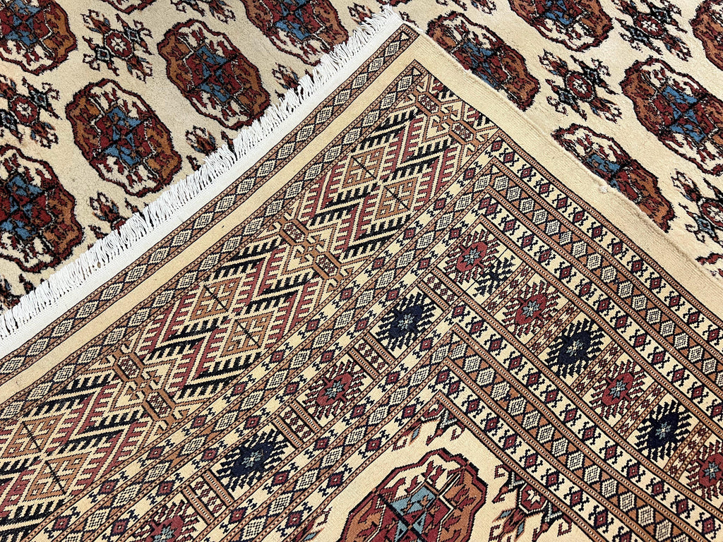Pakistani Bokhara Rug 8x10, Wool Turkoman Carpet, Ivory/Cream