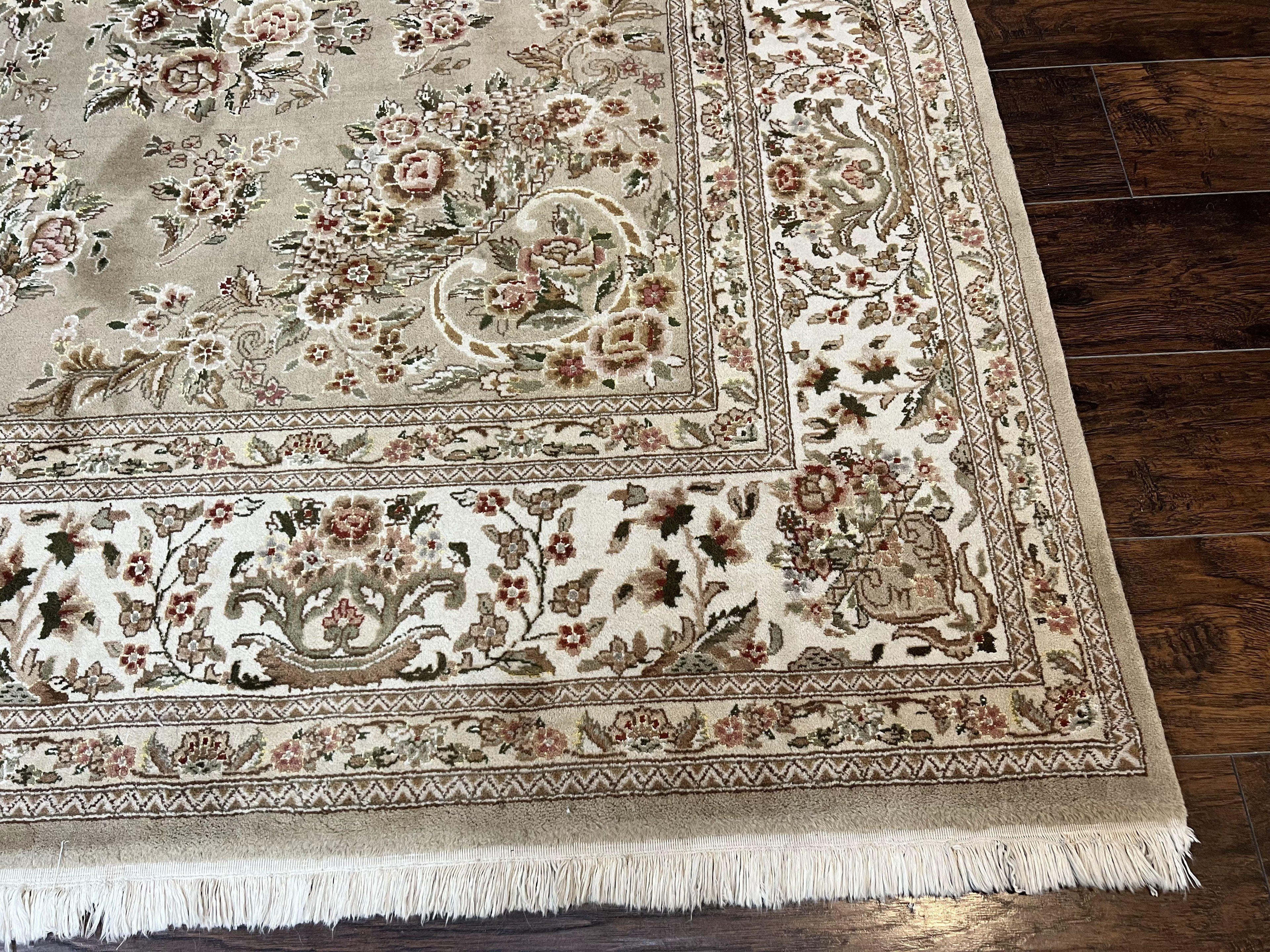 Sino Persian Rug 8x10, Soft Wool, Silk Highlights, Hand Knotted Vintage Carpet, Taupe & Ivory, Floral, Traditional Rug 8 x 10
