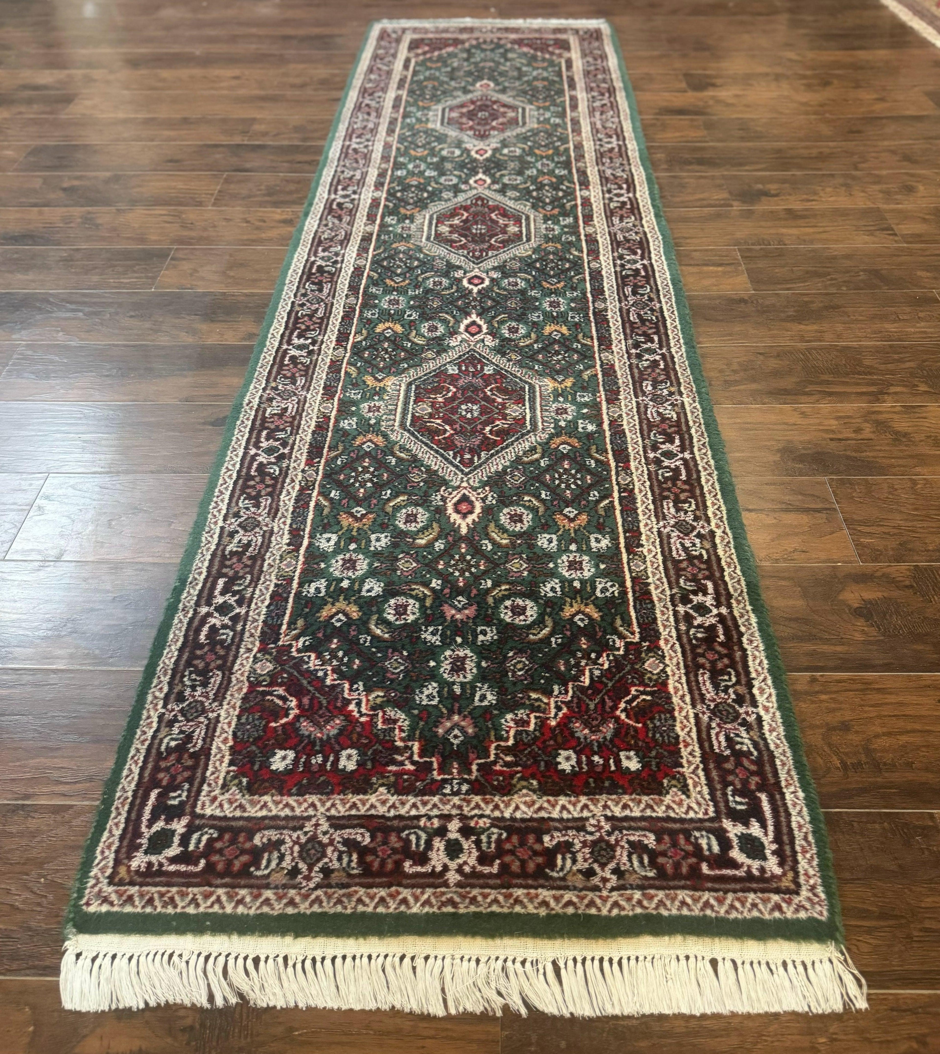 Green Indo Persian Bidjar Runner Rug 3x10, Green and Red