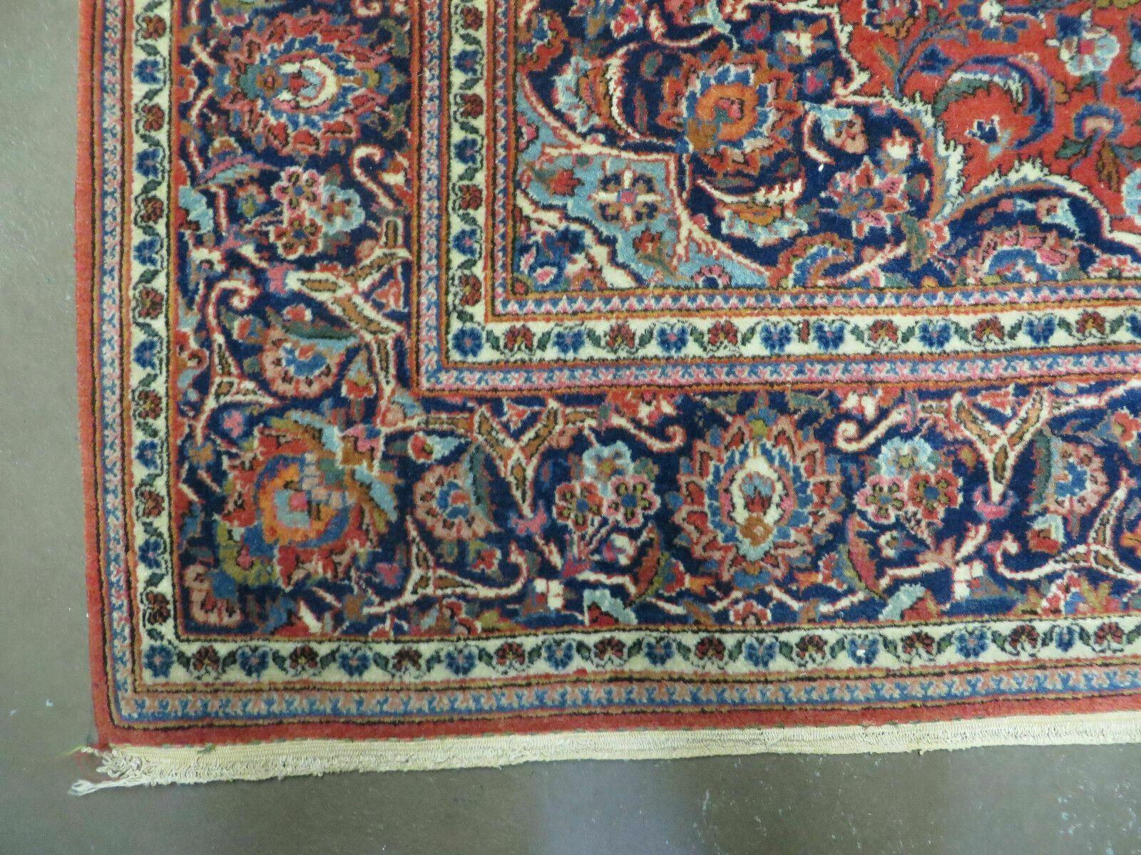 Persian Kashan Rug 4x7, Red and Navy Blue Semi Antique Vintage Wool Oriental Carpet, Hand Knotted Rug, Floral Medallion, High Quality Fine Carpet
