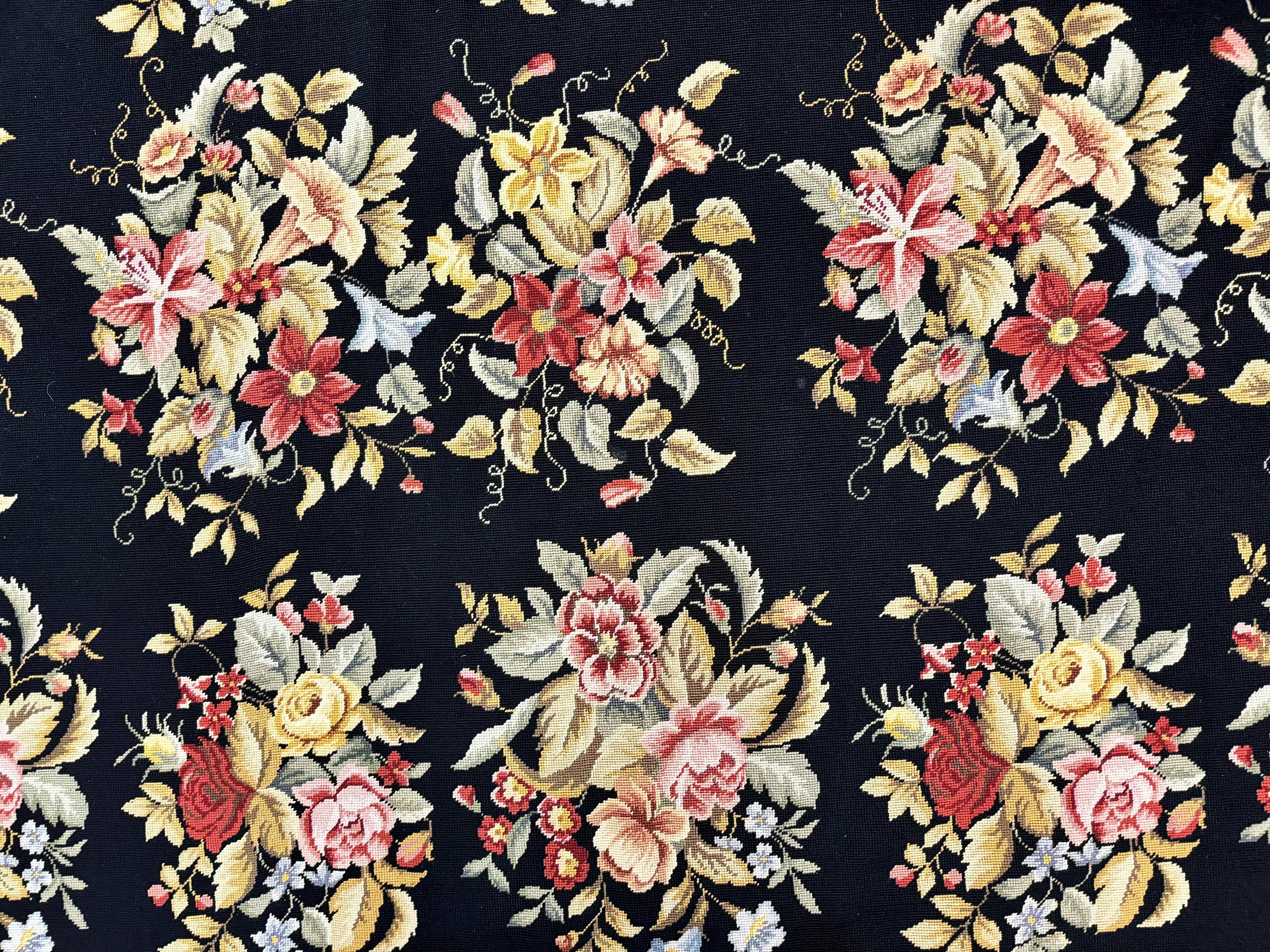 Palace Size Needlepoint Rug 12x16, Black and Colorful, Floral Panel, Handmade Oversized Wool Needlepoint Carpet, Rare