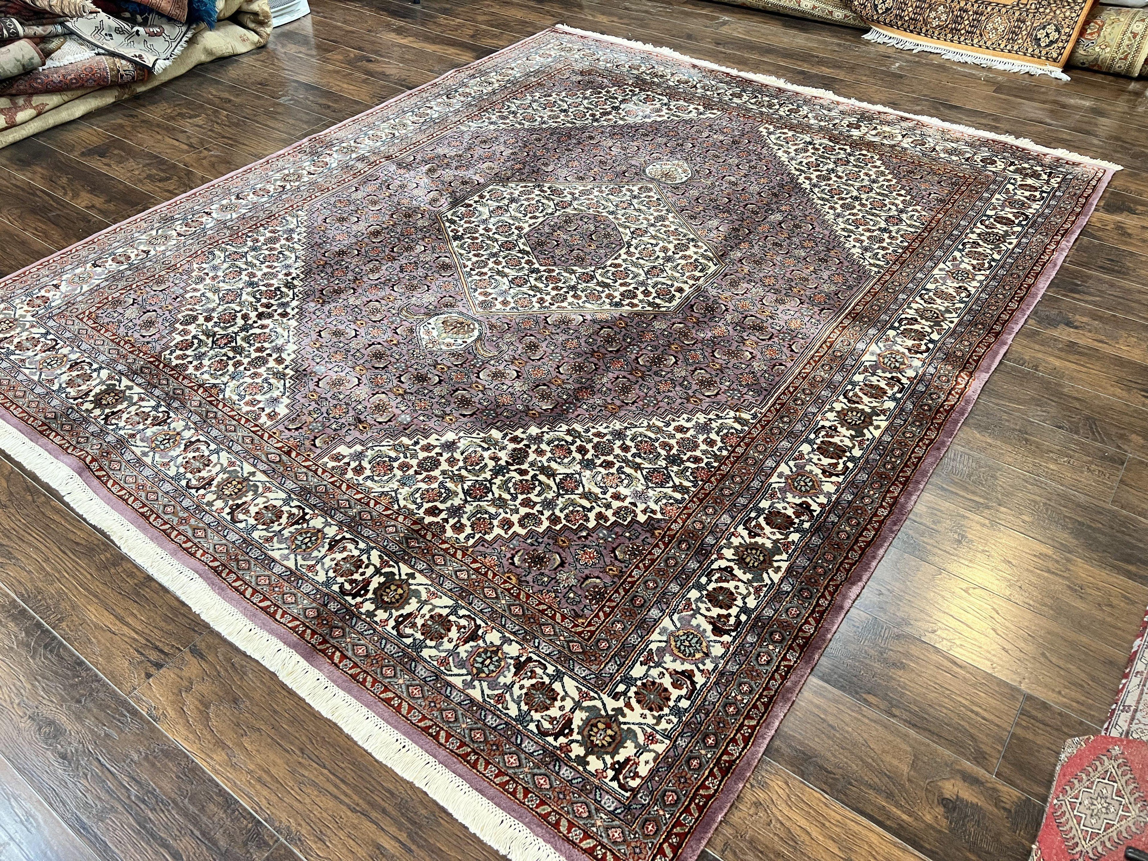 Indo Persian Bidjar Rug 8x10, Purple and Ivory Hand Knotted Wool Vintage Oriental Carpet, Herati Mahi Pattern, 8 x 10 Traditional Fine Rug